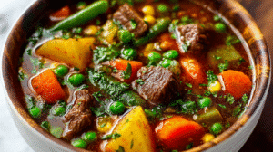 There’s nothing quite like a warm bowl of Beef Vegetable Soup Recipe to make your kitchen smell like home. Perfect for chilly evenings, this hearty and savory soup blends tender chunks of beef with fresh, nutrient-packed vegetables in a rich, flavorful broth. Whether you’re cooking for family, meal prepping for the week, or craving a cozy dinner, this recipe delivers a comforting, wholesome experience that’s as delicious as it is nourishing. From the first aroma of sautéed garlic and onions to the final sip of the rich broth, every spoonful of this Beef Vegetable Soup Recipe is a testament to simple ingredients creating unforgettable flavors. Ready in just over an hour, it’s a perfect balance of taste, nutrition, and convenience. Why You'll Love This Beef Vegetable Soup Recipe Hearty & Filling: Tender beef cubes and chunky vegetables create a satisfying meal that keeps you full. Quick and Easy: Minimal prep time with step-by-step instructions ensures a stress-free cooking experience. Healthy & Nutritious: Loaded with vitamins, minerals, and protein for a balanced dinner option. Budget-Friendly: Affordable ingredients you likely already have in your pantry. Versatile: Easily adjustable to include your favorite vegetables or swap beef for leaner cuts. Comfort Food Perfection: Warm, savory, and perfect for cold days or a cozy weeknight meal. Meal Prep Friendly: Makes great leftovers and freezes beautifully for future meals. Ingredients for Classic Beef Vegetable Soup Recipe Here’s what you’ll need, along with some expert tips and substitutions to elevate your soup: Beef and Seasoning 1 lb beef stew meat, cut into 1-inch cubes – choose well-marbled beef for maximum tenderness. 1 tsp salt – enhances flavors. 1/2 tsp black pepper – freshly ground gives better aroma. 1/2 tsp dried thyme – adds warmth and earthy notes. 1 bay leaf – contributes subtle depth to the broth. Vegetables 1 medium onion, chopped – caramelizes to add natural sweetness. 2 cloves garlic, minced – enhances umami. 3 carrots, sliced – adds color and natural sweetness. 2 celery stalks, sliced – balances flavors. 2 potatoes, peeled and diced – creates a hearty texture. 1 cup green beans, trimmed and cut – adds freshness. 1 cup frozen corn – stir in later to maintain sweetness and texture. 1 cup frozen peas – add near the end to keep their vibrant color. Liquids and Others 2 tbsp olive oil – for browning beef and sautéing vegetables. 1 can (14.5 oz) diced tomatoes with juice – enriches the broth. 6 cups beef broth – forms the flavorful base. Tip: Use homemade beef broth or low-sodium store-bought for healthier options. Step-by-Step Instructions for Perfect Beef Vegetable Soup Recipe 1. Brown the Beef Heat olive oil in a large pot over medium-high heat. Add beef cubes and brown on all sides for 5–7 minutes. Browning develops flavor through the Maillard reaction, locking in juices. Remove beef and set aside. 2. Sauté Aromatics In the same pot, add onion and garlic. Sauté 2–3 minutes until onions are translucent and garlic is fragrant. This step enhances the soup’s savory base. 3. Cook Vegetables Add carrots, celery, and potatoes. Cook 5 minutes, stirring occasionally. Slightly softening vegetables allows flavors to meld with the beef. 4. Combine Ingredients Return browned beef to the pot. Add green beans, diced tomatoes with juice, beef broth, salt, pepper, thyme, and bay leaf. Stir to combine. 5. Simmer the Soup Bring to a boil, then reduce heat to low. Cover and simmer 45–60 minutes until beef is tender and vegetables are cooked through. 6. Finish with Corn and Peas Add frozen corn and peas. Simmer uncovered 5–10 minutes to heat without overcooking. 7. Serve Remove bay leaf, taste, and adjust seasoning. Serve hot, ideally with crusty bread or a side salad for a complete meal. Pro Tips & Expert Advice How to Make Beef Vegetable Soup Recipe Even More Flavorful? Use bone-in beef pieces for richer broth. Deglaze the pan with a splash of red wine before adding broth for depth. Add fresh herbs like parsley or rosemary just before serving for aroma. How Long Does Homemade Beef Vegetable Soup Recipe Last? Refrigerate in an airtight container for 3–4 days. Freeze for up to 3 months in freezer-safe containers. Can I Make a Quick Version of Beef Veggie Soup? Use pre-cooked beef or leftover roast. Swap fresh potatoes for frozen diced ones to reduce cooking time. Best Ways to Serve Your Beef Vegetable Soup Recipe Pair with garlic bread, whole-grain rolls, or cheesy croutons. Serve as a starter for a multi-course dinner. Top with shredded Parmesan or fresh parsley for extra flavor. For a heartier meal, serve with a side of mashed potatoes or steamed rice. Nutrition per Serving (Approximate) Calories: 250 kcal Protein: 22 g Carbs: 18 g Fat: 9 g Fiber: 4 g Sodium: 600 mg Daily Values: Rich in protein and fiber, a wholesome comfort food suitable for balanced diets. Storage & Leftovers Refrigeration: Keep in a sealed container, reheat on stovetop or microwave. Freezing: Portion into freezer-safe bags, thaw overnight before reheating. Reheating Tip: Reheat gently on low to maintain texture and flavor. Frequently Asked Questions (FAQs) What Vegetables Work Best in Beef Vegetable Soup Recipe? Carrots, celery, potatoes, green beans, peas, and corn are classic. You can also add zucchini, bell peppers, or cabbage. Can I Make It in a Slow Cooker? Yes! Brown the beef first, then add all ingredients except peas and corn. Cook on low 6–8 hours, adding frozen vegetables in the last 15 minutes. Is This Soup Healthy? Absolutely! Packed with lean beef, fiber-rich vegetables, and low in unhealthy fats, it’s a balanced and nutritious option. Can I Use Leftover Beef? Yes, leftover roast or steak works well. Add it during the last 15 minutes of cooking to prevent overcooking. Variations for Beef Vegetable Soup Recipe Low-Carb Version: Swap potatoes for cauliflower or turnips. Spicy Beef Veggie Soup: Add red pepper flakes or a splash of hot sauce. Regional Twist: Include Italian herbs or Worcestershire sauce for extra depth. Vegetarian-Friendly: Replace beef with lentils or mushrooms for a hearty veggie soup. Conclusion This Beef Vegetable Soup Recipe is more than just a meal—it’s a warm embrace in a bowl. Perfect for families, meal prepping, or even freezing for later, it delivers comfort, nutrition, and flavor in every bite. Try this hearty, wholesome soup tonight and savor the rich, savory experience that only homemade soup can offer.