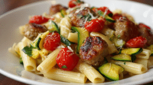 Chicken Sausages with Zucchini, Tomatoes, and Pasta Recipe