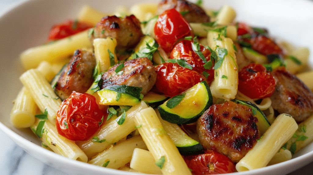 Chicken Sausages with Zucchini, Tomatoes, and Pasta Recipe