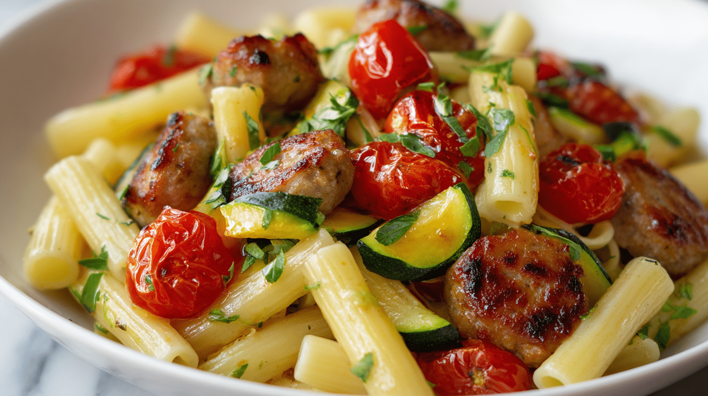 Chicken Sausages with Zucchini, Tomatoes, and Pasta Recipe