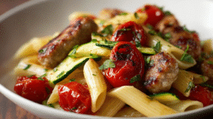 Chicken Sausages with Zucchini, Tomatoes, and Pasta Recipe