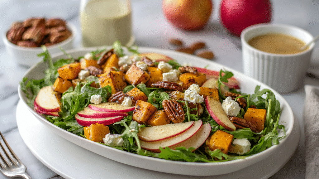 Introduction A Harvest Apple Salad Recipe – Fresh, Crunchy Fall Lunch is the perfect way to embrace the cozy flavors of autumn without spending hours in the kitchen. Imagine crisp Honeycrisp apples, toasted pecans, and tangy feta mingling with greens and a light maple vinaigrette — it’s everything you love about fall in one bowl. Whether you’re craving a Fresh Fall Apple Salad for work or a Crunchy Apple Harvest Salad for guests, this dish delivers balance, color, and a satisfying crunch. This Autumn Apple Salad Recipe not only looks beautiful but also nourishes with seasonal ingredients and antioxidants — a light yet wholesome lunch you’ll crave all season long. 💛 Why You’ll Love This Fall Salad Bursting with fall flavors: Apples, nuts, and maple dressing create the ultimate autumn bite. Quick and easy: Ready in under 15 minutes — ideal for busy weekdays. Nutrient-rich: Packed with fiber, vitamins, and healthy fats. Customizable: Add chicken, grains, or extra fruit for variety. Perfect for meal prep: Make ahead and refrigerate for a fresh lunch anytime. Vibrant presentation: A colorful addition to your fall gatherings. Naturally gluten-free: Safe, simple, and wholesome. Balanced texture: Crisp apples meet creamy cheese and crunchy nuts. 🥬 Ingredients You’ll Need Here’s everything that makes this Farmhouse Harvest Apple Salad shine: 4 cups mixed salad greens – Use arugula, spinach, or spring mix for a fresh base. 2 medium Honeycrisp apples, thinly sliced – Their sweetness balances the tangy vinaigrette. Substitute Fuji or Gala if preferred. ½ cup chopped pecans, toasted – Adds crunch and richness; walnuts work too. ⅓ cup crumbled feta cheese – Creamy and salty; goat cheese is a great swap. ¼ cup dried cranberries – Sweet-tart contrast and chewy texture. ¼ red onion, thinly sliced – Adds color and a subtle bite. 🍯 For the Maple Vinaigrette: 3 tbsp apple cider vinegar – Bright, tangy foundation. 2 tbsp extra-virgin olive oil – Smooths out the acidity. 1 tbsp honey – Natural sweetness with fall depth. 1 tsp Dijon mustard – Binds the dressing and adds mild spice. Salt and freshly ground black pepper – To balance and enhance flavor. 👩‍🍳 How to Make a Harvest Apple Salad (Step-by-Step) Step 1: Prepare the Dressing In a small jar or bowl, whisk together apple cider vinegar, olive oil, honey, Dijon mustard, salt, and pepper. Shake well until the vinaigrette emulsifies — creamy and slightly thick. Step 2: Toast the Pecans Heat a skillet over medium heat and toast the chopped pecans for 3–4 minutes, stirring frequently until fragrant. This intensifies their nutty flavor and enhances crunch. Step 3: Slice the Apples Thinly slice your Honeycrisp apples just before serving to maintain their freshness and prevent browning. A quick toss in lemon water can help preserve color. Step 4: Assemble the Salad In a large bowl, layer the mixed greens, apple slices, toasted pecans, feta, cranberries, and red onions. Drizzle the maple vinaigrette and toss gently to coat everything evenly. Step 5: Serve and Enjoy Plate your Crisp Apple and Greens Salad immediately for maximum crunch. Pair it with warm soup, roasted chicken, or crusty bread for a complete fall meal. 🌟 Pro Tips & Expert Answers 🍏 What makes a great harvest apple salad? Balance — crisp apples, creamy cheese, crunchy nuts, and tangy dressing. Choose fresh seasonal produce for the best flavor. 🥗 How do you make a fall apple salad crunchy? Use firm apple varieties like Honeycrisp or Fuji, toast your nuts, and add the dressing just before serving to keep everything crisp. 🍎 Can you prepare harvest apple salad ahead of time? Yes! Assemble the dry ingredients and store the dressing separately in the fridge. Toss right before serving for freshness. 🥄 What dressing goes best with an apple harvest salad? A maple vinaigrette blends sweetness and tang, enhancing the apples without overpowering them. 🍂 What are the best apples to use in a fall salad? Honeycrisp, Fuji, and Pink Lady apples hold texture and flavor — ideal for a Fall Apple Salad with Maple Dressing. 📸 Featured Image (Recommended: 1200x630 px – Bright natural light, bowl shot with apple slices and maple vinaigrette drizzle) 🍴 Best Ways to Serve Pair with Garlic Butter Steak Bites and Mashed Potatoes for a hearty dinner. Add grilled chicken or turkey for a Healthy Harvest Apple Salad for Lunch. Serve alongside Pumpkin Cheesecake Bars for a cozy fall spread. Turn into a Farm-to-Table Harvest Apple Salad by adding local produce. 🧾 Nutrition (per serving) Nutrient Amount % Daily Value Calories 245 12% Fat 14g 18% Carbohydrates 27g 9% Protein 5g 10% Fiber 5g 18% Sugar 18g — Sodium 210mg 9% 🧊 Storage & Leftovers Refrigeration: Store undressed salad in an airtight container for up to 2 days. Dressing: Keep separately in a sealed jar for up to 1 week. Revive: If apples brown slightly, toss in fresh lemon juice before serving. Avoid sogginess: Combine dressing and greens only when ready to eat. ❓ FAQs Can I make this salad dairy-free? Absolutely! Swap feta for avocado or a dairy-free cheese alternative. What protein can I add? Grilled chicken, shrimp, or chickpeas make it a balanced meal. Is this salad good for meal prep? Yes — just store components separately and assemble before serving for freshness. 🥄 Variations Vegan Option: Replace honey with maple syrup. Keto-Friendly: Skip the cranberries and use extra pecans. Mediterranean Twist: Add olives and cucumber for a fusion version. Autumn Harvest Salad with Apples & Pears: Mix both fruits for added sweetness. Cranberry Apple Walnut Salad: Add extra crunch with walnuts and pomegranate seeds. 🌻 Conclusion & Social CTA Celebrate the season with this Harvest Apple Salad Recipe – Fresh, Crunchy Fall Lunch that captures everything we love about autumn — vibrant colors, cozy flavors, and simple elegance. Whether served at your Thanksgiving table or packed for a weekday lunch, it’s the kind of wholesome comfort food that makes fall unforgettable.