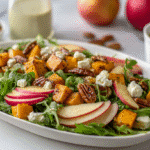Introduction A Harvest Apple Salad Recipe – Fresh, Crunchy Fall Lunch is the perfect way to embrace the cozy flavors of autumn without spending hours in the kitchen. Imagine crisp Honeycrisp apples, toasted pecans, and tangy feta mingling with greens and a light maple vinaigrette — it’s everything you love about fall in one bowl. Whether you’re craving a Fresh Fall Apple Salad for work or a Crunchy Apple Harvest Salad for guests, this dish delivers balance, color, and a satisfying crunch. This Autumn Apple Salad Recipe not only looks beautiful but also nourishes with seasonal ingredients and antioxidants — a light yet wholesome lunch you’ll crave all season long. 💛 Why You’ll Love This Fall Salad Bursting with fall flavors: Apples, nuts, and maple dressing create the ultimate autumn bite. Quick and easy: Ready in under 15 minutes — ideal for busy weekdays. Nutrient-rich: Packed with fiber, vitamins, and healthy fats. Customizable: Add chicken, grains, or extra fruit for variety. Perfect for meal prep: Make ahead and refrigerate for a fresh lunch anytime. Vibrant presentation: A colorful addition to your fall gatherings. Naturally gluten-free: Safe, simple, and wholesome. Balanced texture: Crisp apples meet creamy cheese and crunchy nuts. 🥬 Ingredients You’ll Need Here’s everything that makes this Farmhouse Harvest Apple Salad shine: 4 cups mixed salad greens – Use arugula, spinach, or spring mix for a fresh base. 2 medium Honeycrisp apples, thinly sliced – Their sweetness balances the tangy vinaigrette. Substitute Fuji or Gala if preferred. ½ cup chopped pecans, toasted – Adds crunch and richness; walnuts work too. ⅓ cup crumbled feta cheese – Creamy and salty; goat cheese is a great swap. ¼ cup dried cranberries – Sweet-tart contrast and chewy texture. ¼ red onion, thinly sliced – Adds color and a subtle bite. 🍯 For the Maple Vinaigrette: 3 tbsp apple cider vinegar – Bright, tangy foundation. 2 tbsp extra-virgin olive oil – Smooths out the acidity. 1 tbsp honey – Natural sweetness with fall depth. 1 tsp Dijon mustard – Binds the dressing and adds mild spice. Salt and freshly ground black pepper – To balance and enhance flavor. 👩‍🍳 How to Make a Harvest Apple Salad (Step-by-Step) Step 1: Prepare the Dressing In a small jar or bowl, whisk together apple cider vinegar, olive oil, honey, Dijon mustard, salt, and pepper. Shake well until the vinaigrette emulsifies — creamy and slightly thick. Step 2: Toast the Pecans Heat a skillet over medium heat and toast the chopped pecans for 3–4 minutes, stirring frequently until fragrant. This intensifies their nutty flavor and enhances crunch. Step 3: Slice the Apples Thinly slice your Honeycrisp apples just before serving to maintain their freshness and prevent browning. A quick toss in lemon water can help preserve color. Step 4: Assemble the Salad In a large bowl, layer the mixed greens, apple slices, toasted pecans, feta, cranberries, and red onions. Drizzle the maple vinaigrette and toss gently to coat everything evenly. Step 5: Serve and Enjoy Plate your Crisp Apple and Greens Salad immediately for maximum crunch. Pair it with warm soup, roasted chicken, or crusty bread for a complete fall meal. 🌟 Pro Tips & Expert Answers 🍏 What makes a great harvest apple salad? Balance — crisp apples, creamy cheese, crunchy nuts, and tangy dressing. Choose fresh seasonal produce for the best flavor. 🥗 How do you make a fall apple salad crunchy? Use firm apple varieties like Honeycrisp or Fuji, toast your nuts, and add the dressing just before serving to keep everything crisp. 🍎 Can you prepare harvest apple salad ahead of time? Yes! Assemble the dry ingredients and store the dressing separately in the fridge. Toss right before serving for freshness. 🥄 What dressing goes best with an apple harvest salad? A maple vinaigrette blends sweetness and tang, enhancing the apples without overpowering them. 🍂 What are the best apples to use in a fall salad? Honeycrisp, Fuji, and Pink Lady apples hold texture and flavor — ideal for a Fall Apple Salad with Maple Dressing. 📸 Featured Image (Recommended: 1200x630 px – Bright natural light, bowl shot with apple slices and maple vinaigrette drizzle) 🍴 Best Ways to Serve Pair with Garlic Butter Steak Bites and Mashed Potatoes for a hearty dinner. Add grilled chicken or turkey for a Healthy Harvest Apple Salad for Lunch. Serve alongside Pumpkin Cheesecake Bars for a cozy fall spread. Turn into a Farm-to-Table Harvest Apple Salad by adding local produce. 🧾 Nutrition (per serving) Nutrient Amount % Daily Value Calories 245 12% Fat 14g 18% Carbohydrates 27g 9% Protein 5g 10% Fiber 5g 18% Sugar 18g — Sodium 210mg 9% 🧊 Storage & Leftovers Refrigeration: Store undressed salad in an airtight container for up to 2 days. Dressing: Keep separately in a sealed jar for up to 1 week. Revive: If apples brown slightly, toss in fresh lemon juice before serving. Avoid sogginess: Combine dressing and greens only when ready to eat. ❓ FAQs Can I make this salad dairy-free? Absolutely! Swap feta for avocado or a dairy-free cheese alternative. What protein can I add? Grilled chicken, shrimp, or chickpeas make it a balanced meal. Is this salad good for meal prep? Yes — just store components separately and assemble before serving for freshness. 🥄 Variations Vegan Option: Replace honey with maple syrup. Keto-Friendly: Skip the cranberries and use extra pecans. Mediterranean Twist: Add olives and cucumber for a fusion version. Autumn Harvest Salad with Apples & Pears: Mix both fruits for added sweetness. Cranberry Apple Walnut Salad: Add extra crunch with walnuts and pomegranate seeds. 🌻 Conclusion & Social CTA Celebrate the season with this Harvest Apple Salad Recipe – Fresh, Crunchy Fall Lunch that captures everything we love about autumn — vibrant colors, cozy flavors, and simple elegance. Whether served at your Thanksgiving table or packed for a weekday lunch, it’s the kind of wholesome comfort food that makes fall unforgettable.