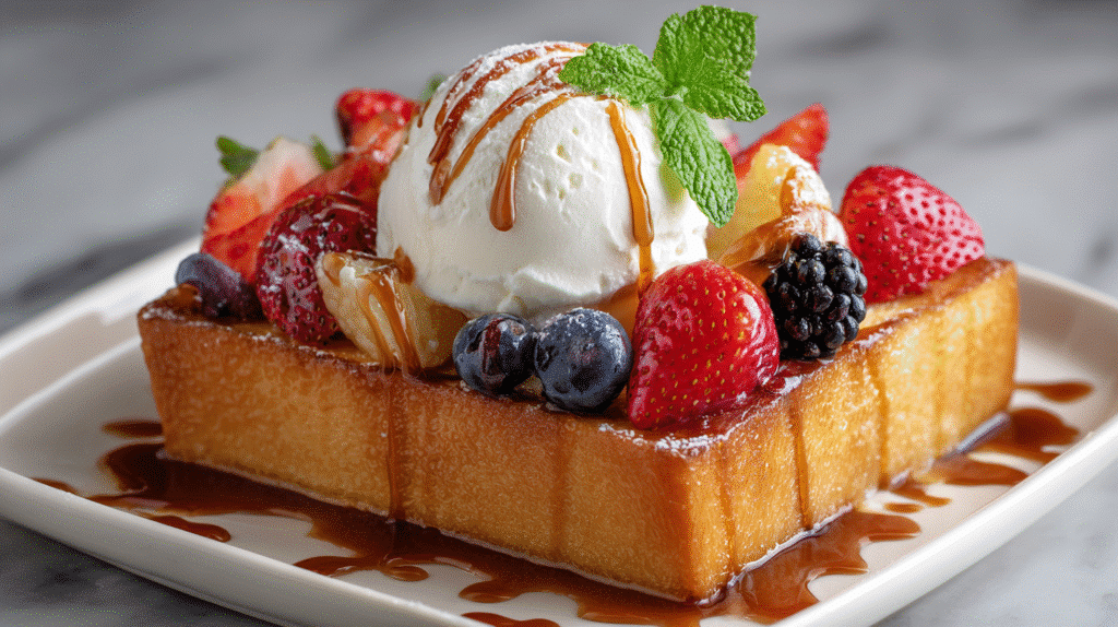 Shibuya Honey Toast with Ice Cream, Fresh Fruit, and Honey Drizzle Recipe