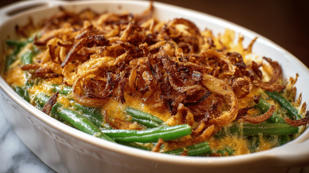 Green Bean Casserole with Cheddar & Crispy Onions