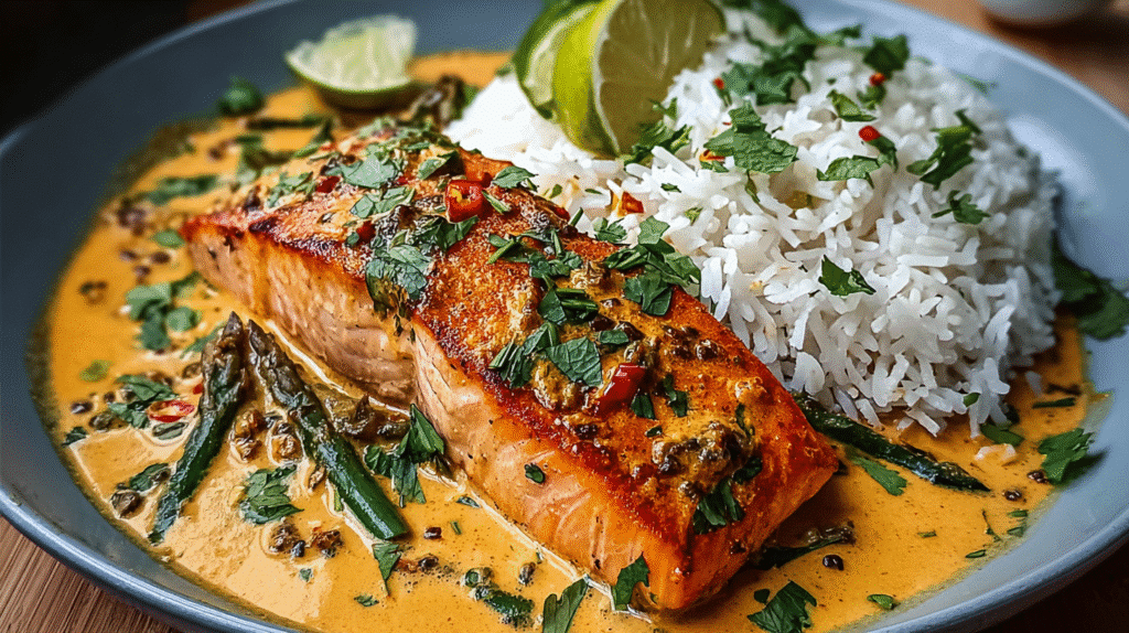 Introduction Imagine a dinner that brings together the creamy richness of coconut milk, the fragrant punch of garlic and ginger, and the delicate, flaky texture of salmon—all in one-pan! The One-Pan Coconut Curry Salmon with Garlic Butter Bliss transforms your weeknight meal into a tropical escape. Bursting with flavor, this dish balances savory, tangy, and subtly sweet notes, perfect for impressing family or treating yourself after a long day. With just a few fresh ingredients and minimal cleanup, this salmon recipe is a game-changer. By the end of this article, you’ll know the secrets to perfectly cooked salmon bathed in a luscious coconut curry sauce, and you’ll discover expert tips to elevate your meal. Why You’ll Love This One-Pan Coconut Curry Salmon with Garlic Butter Bliss Rich Flavor Profile: Creamy coconut and curry spices complement buttery salmon for an indulgent taste. Quick & Easy: Ready in under 30 minutes, ideal for busy weeknights. Healthy & Nutritious: Salmon is high in omega-3 fatty acids, paired with nutrient-rich spices and herbs. Minimal Cleanup: One-pan cooking means less time scrubbing dishes. Customizable Spice: Adjust curry powder to suit your heat preference. Versatile Serving: Delicious over rice, quinoa, or cauliflower rice for low-carb options. Family-Friendly: Mild yet flavorful, perfect for kids and adults alike. Tropical Twist: Coconut and lime bring a refreshing, exotic touch to your dinner table. Ingredients For the Salmon 4 pieces fresh salmon fillets, skinless for easier eating Salt, to taste – enhances natural flavors Pepper, to taste – enhances natural flavors For the Curry Sauce 1 can coconut milk (full-fat for richness) 1 tbsp curry powder (adjust based on spice preference) 3 cloves garlic, minced for robust flavor 1-inch ginger, freshly grated or ground 2 tbsp lime juice – brightens flavors and balances richness For Serving 1/4 cup fresh cilantro, chopped (optional but recommended) 2 cups cooked rice or quinoa – soaks up the curry sauce Substitutions & Tips: Coconut cream can replace coconut milk for a richer, thicker sauce. Use tamari or soy sauce to add umami depth if desired. Fresh ginger is preferred for the best flavor, but ground ginger works in a pinch. Step-by-Step Instructions 1. Preheat & Prepare Pan Preheat your pan over medium heat. Season salmon fillets generously with salt and pepper on both sides. 2. Sauté Aromatics Add minced garlic and freshly grated ginger to the pan. Sauté 1–2 minutes until fragrant, releasing the aromatic oils. This step is essential to build the curry’s flavor base. 3. Prepare Curry Sauce Pour in coconut milk and add curry powder. Stir gently to combine. Reduce heat to low and let the sauce simmer for 5 minutes. 4. Cook the Salmon Gently place seasoned salmon fillets into the simmering sauce. Cover and cook 6–8 minutes, until the salmon is opaque and flakes easily with a fork. 5. Add Citrus Finish Squeeze fresh lime juice over the cooked salmon and sauce. This brightens flavors and balances the richness of coconut milk. 6. Serve Serve immediately over cooked rice or quinoa. Garnish with chopped cilantro for a fresh, herbal touch. Pro Tips How to Make Perfect Salmon Every Time Check doneness: Salmon should reach 145°F (63°C) internally. Avoid overcooking: Remove salmon when slightly underdone; it will continue to cook in residual heat. Can I Use Frozen Salmon? Yes, thaw completely in the fridge overnight. Pat dry before seasoning to avoid excess water in the curry sauce. Best Curry Powder for Salmon Mild curry powders allow the coconut flavor to shine. For heat lovers, add a pinch of cayenne or red chili flakes. How Long Will Leftovers Last? Store in an airtight container in the fridge for 2–3 days. Reheat gently on low heat to prevent curdling of coconut milk. Best Ways to Serve Over steamed jasmine rice or brown rice for a wholesome meal. With quinoa for a gluten-free or protein-packed alternative. Pair with roasted vegetables like broccoli, bell peppers, or zucchini. Drizzle extra sauce over a salad bowl for a tropical salmon salad. Crosslink Ideas: Garlic Butter Shrimp & Broccoli Skillet One-Pan Lemon Herb Chicken Nutrition per Serving (Approximate) Calories: 420 kcal Protein: 32g Fat: 28g Carbohydrates: 10g Fiber: 2g Sugars: 2g Sodium: 210mg Storage & Leftovers Refrigeration: 2–3 days in an airtight container. Freezing: Not recommended; coconut milk texture changes when frozen. Reheating: Use a low simmer; avoid boiling to maintain creamy sauce. FAQs How do I make this curry creamier? Add a splash of coconut cream or a small pat of unsalted butter when finishing the sauce. Can I substitute another fish? Yes, cod or halibut works well, but adjust cooking time as they cook differently than salmon. Is this dish gluten-free? Absolutely! Use tamari instead of soy sauce to ensure full gluten-free compliance. Recipe Variations Coconut Curry Salmon Sheet Pan Dinner Spread salmon and vegetables on a sheet pan, pour coconut curry sauce over top, and bake for 15–20 minutes. Garlic Butter Coconut Curry Salmon Skillet Sear salmon first in garlic butter, then add coconut curry sauce for a richer, buttery flavor. Tropical Curry Salmon with Pineapple Add pineapple chunks to the sauce for a sweet and tangy tropical twist. Conclusion The One-Pan Coconut Curry Salmon with Garlic Butter Bliss is a quick, flavorful, and healthy recipe perfect for busy weeknights or special occasions. Its creamy coconut sauce, aromatic garlic and ginger, and buttery salmon create a harmonious blend of textures and flavors that will delight your taste buds