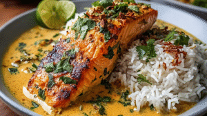 Introduction  Imagine a dinner that brings together the creamy richness of coconut milk, the fragrant punch of garlic and ginger, and the delicate, flaky texture of salmon—all in one-pan! The One-Pan Coconut Curry Salmon with Garlic Butter Bliss transforms your weeknight meal into a tropical escape. Bursting with flavor, this dish balances savory, tangy, and subtly sweet notes, perfect for impressing family or treating yourself after a long day.  With just a few fresh ingredients and minimal cleanup, this salmon recipe is a game-changer. By the end of this article, you’ll know the secrets to perfectly cooked salmon bathed in a luscious coconut curry sauce, and you’ll discover expert tips to elevate your meal.  Why You’ll Love This One-Pan Coconut Curry Salmon with Garlic Butter Bliss  Rich Flavor Profile: Creamy coconut and curry spices complement buttery salmon for an indulgent taste.  Quick & Easy: Ready in under 30 minutes, ideal for busy weeknights.  Healthy & Nutritious: Salmon is high in omega-3 fatty acids, paired with nutrient-rich spices and herbs.  Minimal Cleanup: One-pan cooking means less time scrubbing dishes.  Customizable Spice: Adjust curry powder to suit your heat preference.  Versatile Serving: Delicious over rice, quinoa, or cauliflower rice for low-carb options.  Family-Friendly: Mild yet flavorful, perfect for kids and adults alike.  Tropical Twist: Coconut and lime bring a refreshing, exotic touch to your dinner table.  Ingredients
For the Salmon  4 pieces fresh salmon fillets, skinless for easier eating  Salt, to taste – enhances natural flavors  Pepper, to taste – enhances natural flavors  For the Curry Sauce  1 can coconut milk (full-fat for richness)  1 tbsp curry powder (adjust based on spice preference)  3 cloves garlic, minced for robust flavor  1-inch ginger, freshly grated or ground  2 tbsp lime juice – brightens flavors and balances richness  For Serving  1/4 cup fresh cilantro, chopped (optional but recommended)  2 cups cooked rice or quinoa – soaks up the curry sauce  Substitutions & Tips:  Coconut cream can replace coconut milk for a richer, thicker sauce.  Use tamari or soy sauce to add umami depth if desired.  Fresh ginger is preferred for the best flavor, but ground ginger works in a pinch.  Step-by-Step Instructions
1. Preheat & Prepare Pan  Preheat your pan over medium heat. Season salmon fillets generously with salt and pepper on both sides.  2. Sauté Aromatics  Add minced garlic and freshly grated ginger to the pan. Sauté 1–2 minutes until fragrant, releasing the aromatic oils. This step is essential to build the curry’s flavor base.  3. Prepare Curry Sauce  Pour in coconut milk and add curry powder. Stir gently to combine. Reduce heat to low and let the sauce simmer for 5 minutes.  4. Cook the Salmon  Gently place seasoned salmon fillets into the simmering sauce. Cover and cook 6–8 minutes, until the salmon is opaque and flakes easily with a fork.  5. Add Citrus Finish  Squeeze fresh lime juice over the cooked salmon and sauce. This brightens flavors and balances the richness of coconut milk.  6. Serve  Serve immediately over cooked rice or quinoa. Garnish with chopped cilantro for a fresh, herbal touch.  Pro Tips
How to Make Perfect Salmon Every Time  Check doneness: Salmon should reach 145°F (63°C) internally.  Avoid overcooking: Remove salmon when slightly underdone; it will continue to cook in residual heat.  Can I Use Frozen Salmon?  Yes, thaw completely in the fridge overnight. Pat dry before seasoning to avoid excess water in the curry sauce.  Best Curry Powder for Salmon  Mild curry powders allow the coconut flavor to shine. For heat lovers, add a pinch of cayenne or red chili flakes.  How Long Will Leftovers Last?  Store in an airtight container in the fridge for 2–3 days. Reheat gently on low heat to prevent curdling of coconut milk.  Best Ways to Serve  Over steamed jasmine rice or brown rice for a wholesome meal.  With quinoa for a gluten-free or protein-packed alternative.  Pair with roasted vegetables like broccoli, bell peppers, or zucchini.  Drizzle extra sauce over a salad bowl for a tropical salmon salad.  Crosslink Ideas:  Garlic Butter Shrimp & Broccoli Skillet  One-Pan Lemon Herb Chicken  Nutrition per Serving (Approximate)  Calories: 420 kcal  Protein: 32g  Fat: 28g  Carbohydrates: 10g  Fiber: 2g  Sugars: 2g  Sodium: 210mg  Storage & Leftovers  Refrigeration: 2–3 days in an airtight container.  Freezing: Not recommended; coconut milk texture changes when frozen.  Reheating: Use a low simmer; avoid boiling to maintain creamy sauce.  FAQs
How do I make this curry creamier?  Add a splash of coconut cream or a small pat of unsalted butter when finishing the sauce.  Can I substitute another fish?  Yes, cod or halibut works well, but adjust cooking time as they cook differently than salmon.  Is this dish gluten-free?  Absolutely! Use tamari instead of soy sauce to ensure full gluten-free compliance.  Recipe Variations
Coconut Curry Salmon Sheet Pan Dinner  Spread salmon and vegetables on a sheet pan, pour coconut curry sauce over top, and bake for 15–20 minutes.  Garlic Butter Coconut Curry Salmon Skillet  Sear salmon first in garlic butter, then add coconut curry sauce for a richer, buttery flavor.  Tropical Curry Salmon with Pineapple  Add pineapple chunks to the sauce for a sweet and tangy tropical twist.  Conclusion  The One-Pan Coconut Curry Salmon with Garlic Butter Bliss is a quick, flavorful, and healthy recipe perfect for busy weeknights or special occasions. Its creamy coconut sauce, aromatic garlic and ginger, and buttery salmon create a harmonious blend of textures and flavors that will delight your taste buds