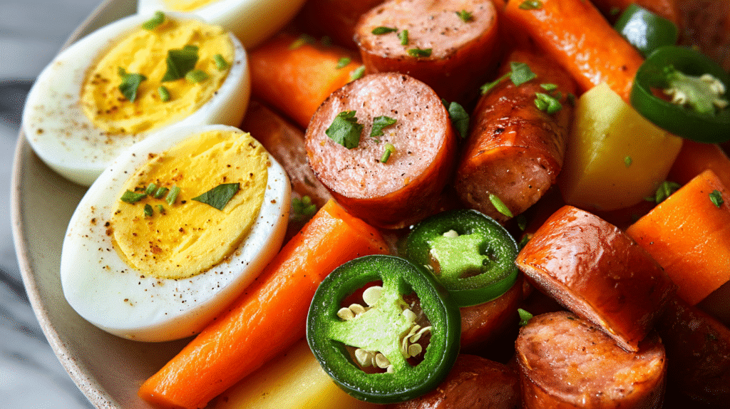 Introduction There’s something irresistibly satisfying about a Pickled Eggs, Sausages, Jalapeños, and Carrots Recipe — that perfect balance of spicy heat, tangy vinegar, and savory protein-packed bites. This old-fashioned bar snack has been reinvented into a zesty homemade version that’s as beautiful in the jar as it is bursting with flavor. Whether you’re a fan of spicy pickled sausage and egg jars or you just love tangy appetizers that keep well in the fridge, this homemade pickled eggs and sausages combo is for you. Packed with jalapeños for that fiery punch and carrots for crunch, this recipe turns simple ingredients into a bold, protein-rich snack that’s great for picnics, parties, or everyday bites. Let’s dive into how to make this tangy, spicy, and totally addictive pickled jar snack at home — and learn the little tricks that make it restaurant-worthy. 💛 Why You’ll Love This Pickled Snack 🌶️ Bold Flavor Explosion: Tangy vinegar, sweet carrots, smoky sausage, and spicy jalapeños blend into a crave-worthy mix. 🥚 Protein-Packed Snack: Great for low-carb and keto-friendly diets. 🧂 Easy to Customize: Adjust heat, vinegar levels, or spice blends to your taste. 🧑‍🍳 Simple to Make: Just boil, simmer, and store — minimal prep, maximum flavor. 🧊 Long Shelf Life: Keeps in the fridge for up to 3 weeks, making it a perfect make-ahead snack. 🧡 Versatile: Enjoy as a snack, picnic food, bar bite, or party appetizer. 🫙 Visually Stunning: Those colorful layers of eggs, carrots, and jalapeños look amazing in glass jars! 💪 Budget-Friendly: Uses affordable pantry staples with high protein value. 🧂 Ingredients You’ll Need For the Pickling Brine 1 cup white vinegar – forms the tangy base of the brine. 1 cup water – balances acidity and helps dissolve salt and sugar. ½ cup sugar – adds subtle sweetness to round out the tang. 1 tablespoon salt – enhances all the flavors. 1 teaspoon mustard seeds – provides a mild aromatic bite. 1 teaspoon celery seeds – gives a traditional pickled flavor depth. Main Ingredients 1 dozen hard-boiled eggs, peeled – rich and firm, ideal for absorbing brine. 1 pound smoked sausages, sliced – adds smoky, meaty flavor. 12 jalapeño peppers, sliced – brings the spice and color. 1 cup baby carrots – for natural sweetness and crunch. 👩‍🍳 How to Make Pickled Eggs, Sausages, Jalapeños, and Carrots Step 1: Prepare the Pickling Brine In a large pot or Dutch oven, combine the vinegar, water, sugar, salt, mustard seeds, and celery seeds. Bring this mixture to a boil over medium-high heat, stirring until the sugar and salt fully dissolve. This creates a balanced sweet-tangy base that will infuse all the ingredients beautifully. 💡 Tip: For extra depth, you can add a few black peppercorns or a bay leaf to your brine. Step 2: Add the Main Ingredients Once your brine is boiling, carefully add: The hard-boiled eggs, The sliced smoked sausages, The jalapeño peppers, and The baby carrots. Lower the heat and let everything simmer gently for 15 minutes. This allows the veggies to soften slightly and helps the flavors start blending while gently heating the eggs and sausages. Step 3: Cool and Jar Remove the pot from the heat and let it cool slightly. Use a slotted spoon to transfer the eggs, sausages, jalapeños, and carrots into sterilized glass jars. Pour the warm brine over them, ensuring everything is completely submerged. Seal the jars tightly and refrigerate. Allow the mixture to pickle for at least 24–48 hours before serving — though flavor deepens beautifully over 3–5 days. 🧠 Food Science Note: The vinegar and salt lower pH, creating a safe environment that enhances flavor while preserving freshness naturally. 🌟 Pro Tips for Perfect Pickled Eggs and Sausages How long should you pickle eggs and sausages before eating? Ideally, let them rest for 2–3 days before eating. This gives enough time for the vinegar and spices to fully penetrate the eggs and sausage slices. Can you reuse the pickling brine? No — the brine absorbs proteins and flavors from the eggs and sausage. It’s best to make a fresh batch for food safety and flavor integrity. What type of sausage works best? Use smoked sausage, kielbasa, or andouille for rich, smoky flavor. Avoid raw or overly fatty sausages. How spicy will it be? The spice level depends on your jalapeños. For mild results, remove the seeds; for fiery flavor, leave them in! Do pickled eggs need to be refrigerated? Yes. Always refrigerate to prevent spoilage — the vinegar preserves flavor, not bacteria indefinitely. 🍽️ Best Ways to Serve This Tangy Snack This Pickled Eggs, Sausages, Jalapeños, and Carrots Recipe is versatile enough for countless serving ideas: Serve chilled with cold beer or cocktails for the ultimate bar snack. Slice and add to charcuterie boards or antipasto platters. Pair with crackers, cheese, and olives for a quick appetizer spread. Dice and mix into salads for a zesty protein boost. Use as a side dish alongside grilled meats or BBQ. 👉 Try pairing it with my Homemade Garlic Butter Steak Bites for an amazing contrast of rich and tangy flavors. 🧮 Nutrition Breakdown (Per Serving) Nutrient Amount % Daily Value Calories 190 kcal 9% Protein 11g 22% Fat 12g 18% Carbohydrates 8g 3% Sugars 5g — Sodium 620mg 27% Fiber 1g 4% ⚖️ Note: Nutritional values vary based on sausage type and portion size. 🧊 Storage & Leftovers Refrigerate: Store sealed jars in the refrigerator for up to 3 weeks. Avoid freezing: The eggs and veggies can lose texture when frozen. Reuse tip: Once finished, discard leftover brine — do not reuse for safety reasons. Serving: Always serve chilled for the best texture and flavor contrast. ❓ Frequently Asked Questions Can I make this without sugar? Yes — you can replace sugar with honey, erythritol, or omit it entirely for a sharper tang. Can I add other vegetables? Absolutely! Cauliflower florets, onions, or bell peppers work wonderfully. How do I make it less spicy? Reduce jalapeños or use banana peppers instead for a mild kick. Is this recipe keto-friendly? Yes — just skip or reduce sugar to make it fully keto-approved. What’s the best vinegar for pickling? White vinegar gives a clean tang, while apple cider vinegar adds a fruity note. 🥕 Recipe Variations Southern-Style: Add red pepper flakes and apple cider vinegar for a bold, rustic flavor. Mexican-Inspired: Add sliced onions and garlic with a touch of cumin. Sweet & Mild: Substitute half the vinegar with rice vinegar and reduce jalapeños. Smoky BBQ: Mix in chipotle or smoked paprika for barbecue flair. Vegan Version: Skip the eggs and sausage; use tofu cubes and more veggies for a plant-based twist. 💬 Conclusion This Pickled Eggs, Sausages, Jalapeños, and Carrots Recipe is the definition of easy homemade flavor — spicy, tangy, and satisfying in every bite. It’s the kind of snack that transforms humble ingredients into a zesty masterpiece you’ll want to keep stocked in your fridge.