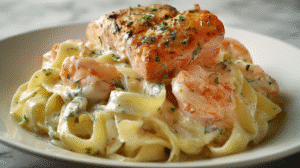 Indulge in a Salmon and Shrimp Alfredo Recipe that combines tender salmon, succulent shrimp, and a luxuriously creamy sauce. Perfect for a weeknight dinner or a special occasion, this dish brings restaurant-quality flavors to your table in less than 30 minutes. Imagine twirling fettuccine coated in a velvety Parmesan sauce, the aroma of garlic mingling with rich seafood notes—this recipe promises not just a meal, but a culinary experience. Whether you’re a seafood lover or looking to impress dinner guests, this Salmon and Shrimp Alfredo Recipe is your gateway to gourmet comfort food made simple.  Why You’ll Love This Salmon and Shrimp Alfredo Recipe  Rich, creamy flavor: The Alfredo sauce is perfectly balanced with Parmesan cheese, cream, and garlic, complementing the seafood without overpowering it.  Quick and easy: Ready in just 30 minutes, ideal for busy weeknights or last-minute dinner parties.  Nutritious seafood boost: Salmon provides omega-3 fatty acids, while shrimp adds lean protein—delicious and heart-healthy.  Versatile for occasions: Works beautifully for casual dinners or elevated celebrations.  Customizable: Swap fettuccine for spaghetti or penne; adjust garlic and spice levels to taste.  Budget-friendly gourmet: Restaurant-style flavors without breaking the bank.  Crowd-pleaser: Loved by adults and kids alike, thanks to creamy sauce and tender seafood.  Impress without stress: Minimal ingredients, maximum wow factor.  Ingredients for Salmon and Shrimp Alfredo Recipe
Pasta  8 oz fettuccine (substitute with linguine or tagliatelle if desired)  Seafood  1 salmon fillet, skinless  8 oz shrimp, peeled and deveined  Sauce  2 cups heavy cream  1 cup grated Parmesan cheese  2 cloves garlic, minced  Other  1 tbsp olive oil  Salt and pepper to taste  Fresh parsley for garnish  Pro Tip: Always use freshly grated Parmesan for a richer, creamier sauce. Frozen shrimp works too—just thaw before cooking.  Step-by-Step Instructions: How to Make Salmon and Shrimp Alfredo
1. Cook the Pasta  Boil water in a large pot with a pinch of salt. Add fettuccine and cook until al dente (slightly firm to the bite). Drain and set aside, reserving a small cup of pasta water to adjust sauce consistency if needed.  Science Tip: Al dente pasta absorbs sauce better, preventing a mushy texture.  2. Cook the Salmon  Heat olive oil in a skillet over medium heat. Season the salmon with salt and pepper. Cook 4–5 minutes per side until the salmon flakes easily with a fork. Remove from the pan and set aside.  Sensory Cue: Salmon should be opaque with a slightly golden crust.  3. Cook the Shrimp and Garlic  In the same skillet, sauté minced garlic for 30 seconds, then add shrimp. Cook for 3 minutes until shrimp turn pink and opaque.  Tip: Avoid overcooking shrimp; it turns rubbery quickly.  4. Make the Alfredo Sauce  Pour heavy cream into the skillet with shrimp and garlic. Bring to a gentle simmer. Stir in Parmesan cheese until the sauce is silky and smooth.  Science Insight: Slow heat prevents cream from curdling and helps cheese melt evenly.  5. Combine Pasta and Seafood  Add fettuccine, flaked salmon, and shrimp into the skillet. Toss gently to coat all ingredients with creamy Alfredo sauce. Adjust thickness with reserved pasta water if needed.  6. Serve  Plate the pasta, sprinkle fresh parsley on top, and serve immediately. A wedge of lemon adds brightness if desired.  Pro Tips for Perfect Salmon and Shrimp Alfredo Recipe
H3: How do I prevent the Alfredo sauce from splitting?  Use medium heat and avoid boiling the cream. Gradually stir in Parmesan cheese to maintain smoothness.  H3: Can I use frozen seafood for this recipe?  Yes, but thaw fully and pat dry to avoid excess water diluting the sauce.  H3: How do I reheat leftovers without curdling the sauce?  Warm gently in a skillet over low heat, adding a splash of cream or milk to restore creaminess.  Best Ways to Serve  Pair with garlic bread or crusty baguette to soak up the sauce.  Serve alongside Caesar salad or roasted vegetables for a balanced meal.  Ideal for pairing with white wine like Chardonnay or Sauvignon Blanc.  Crosslink Suggestion: Check our Creamy Garlic Parmesan Chicken Pasta Recipe
 for another indulgent creamy pasta dinner.  Nutrition per Serving (Approximate)  Calories: 620 kcal  Protein: 38 g  Carbs: 45 g  Fat: 35 g  Fiber: 2 g  Sodium: 540 mg  Daily Value: 20% protein, 25% fat, 15% carbs  Storage & Leftovers  Fridge: Keep in an airtight container for up to 3 days.  Freezer: Can be frozen for up to 1 month; reheat gently to prevent sauce separation.  Reheat Tip: Add a splash of cream or milk to restore silky texture.  FAQs for Salmon and Shrimp Alfredo Recipe
Can I make this dish dairy-free?  Use coconut cream or cashew cream and dairy-free Parmesan alternatives. The taste will remain creamy but slightly different in flavor profile.  Can I substitute the pasta?  Yes, gluten-free pasta, zucchini noodles, or spaghetti work beautifully. Adjust cooking time accordingly.  How long does this dish take to prepare?  From prep to plate, expect about 30 minutes. Perfect for quick weeknight dinners.  What herbs pair well with this seafood Alfredo?  Fresh parsley, dill, or basil adds freshness and balances richness.  Can I make it spicy?  Add red pepper flakes or a dash of cayenne while making the sauce for a mild kick.  Variations for Salmon and Shrimp Alfredo Recipe  Creamy Lemon Salmon & Shrimp Alfredo: Add lemon zest and juice for a bright, tangy flavor.  One-Pot Alfredo: Cook pasta directly in sauce for a quicker cleanup.  Low-Fat Version: Use half-and-half instead of heavy cream; reduce cheese slightly.  Gourmet Twist: Add sun-dried tomatoes or asparagus for color and texture.  Regional Flavor: Sprinkle smoked paprika or Cajun seasoning for a Southern-inspired version.  Conclusion & Social CTA  This Salmon and Shrimp Alfredo Recipe proves that gourmet seafood pasta doesn’t need to be complicated. From the tender salmon to juicy shrimp and rich, creamy sauce, every bite is a celebration of flavor. Try this recipe tonight and elevate your dinner game—share your creations with friends and family, and let them marvel at your cooking prowess.  Unlock the full potential of your kitchen and bri