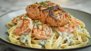 Indulge in a Salmon and Shrimp Alfredo Recipe that combines tender salmon, succulent shrimp, and a luxuriously creamy sauce. Perfect for a weeknight dinner or a special occasion, this dish brings restaurant-quality flavors to your table in less than 30 minutes. Imagine twirling fettuccine coated in a velvety Parmesan sauce, the aroma of garlic mingling with rich seafood notes—this recipe promises not just a meal, but a culinary experience. Whether you’re a seafood lover or looking to impress dinner guests, this Salmon and Shrimp Alfredo Recipe is your gateway to gourmet comfort food made simple.  Why You’ll Love This Salmon and Shrimp Alfredo Recipe  Rich, creamy flavor: The Alfredo sauce is perfectly balanced with Parmesan cheese, cream, and garlic, complementing the seafood without overpowering it.  Quick and easy: Ready in just 30 minutes, ideal for busy weeknights or last-minute dinner parties.  Nutritious seafood boost: Salmon provides omega-3 fatty acids, while shrimp adds lean protein—delicious and heart-healthy.  Versatile for occasions: Works beautifully for casual dinners or elevated celebrations.  Customizable: Swap fettuccine for spaghetti or penne; adjust garlic and spice levels to taste.  Budget-friendly gourmet: Restaurant-style flavors without breaking the bank.  Crowd-pleaser: Loved by adults and kids alike, thanks to creamy sauce and tender seafood.  Impress without stress: Minimal ingredients, maximum wow factor.  Ingredients for Salmon and Shrimp Alfredo Recipe
Pasta  8 oz fettuccine (substitute with linguine or tagliatelle if desired)  Seafood  1 salmon fillet, skinless  8 oz shrimp, peeled and deveined  Sauce  2 cups heavy cream  1 cup grated Parmesan cheese  2 cloves garlic, minced  Other  1 tbsp olive oil  Salt and pepper to taste  Fresh parsley for garnish  Pro Tip: Always use freshly grated Parmesan for a richer, creamier sauce. Frozen shrimp works too—just thaw before cooking.  Step-by-Step Instructions: How to Make Salmon and Shrimp Alfredo
1. Cook the Pasta  Boil water in a large pot with a pinch of salt. Add fettuccine and cook until al dente (slightly firm to the bite). Drain and set aside, reserving a small cup of pasta water to adjust sauce consistency if needed.  Science Tip: Al dente pasta absorbs sauce better, preventing a mushy texture.  2. Cook the Salmon  Heat olive oil in a skillet over medium heat. Season the salmon with salt and pepper. Cook 4–5 minutes per side until the salmon flakes easily with a fork. Remove from the pan and set aside.  Sensory Cue: Salmon should be opaque with a slightly golden crust.  3. Cook the Shrimp and Garlic  In the same skillet, sauté minced garlic for 30 seconds, then add shrimp. Cook for 3 minutes until shrimp turn pink and opaque.  Tip: Avoid overcooking shrimp; it turns rubbery quickly.  4. Make the Alfredo Sauce  Pour heavy cream into the skillet with shrimp and garlic. Bring to a gentle simmer. Stir in Parmesan cheese until the sauce is silky and smooth.  Science Insight: Slow heat prevents cream from curdling and helps cheese melt evenly.  5. Combine Pasta and Seafood  Add fettuccine, flaked salmon, and shrimp into the skillet. Toss gently to coat all ingredients with creamy Alfredo sauce. Adjust thickness with reserved pasta water if needed.  6. Serve  Plate the pasta, sprinkle fresh parsley on top, and serve immediately. A wedge of lemon adds brightness if desired.  Pro Tips for Perfect Salmon and Shrimp Alfredo Recipe
H3: How do I prevent the Alfredo sauce from splitting?  Use medium heat and avoid boiling the cream. Gradually stir in Parmesan cheese to maintain smoothness.  H3: Can I use frozen seafood for this recipe?  Yes, but thaw fully and pat dry to avoid excess water diluting the sauce.  H3: How do I reheat leftovers without curdling the sauce?  Warm gently in a skillet over low heat, adding a splash of cream or milk to restore creaminess.  Best Ways to Serve  Pair with garlic bread or crusty baguette to soak up the sauce.  Serve alongside Caesar salad or roasted vegetables for a balanced meal.  Ideal for pairing with white wine like Chardonnay or Sauvignon Blanc.  Crosslink Suggestion: Check our Creamy Garlic Parmesan Chicken Pasta Recipe
 for another indulgent creamy pasta dinner.  Nutrition per Serving (Approximate)  Calories: 620 kcal  Protein: 38 g  Carbs: 45 g  Fat: 35 g  Fiber: 2 g  Sodium: 540 mg  Daily Value: 20% protein, 25% fat, 15% carbs  Storage & Leftovers  Fridge: Keep in an airtight container for up to 3 days.  Freezer: Can be frozen for up to 1 month; reheat gently to prevent sauce separation.  Reheat Tip: Add a splash of cream or milk to restore silky texture.  FAQs for Salmon and Shrimp Alfredo Recipe
Can I make this dish dairy-free?  Use coconut cream or cashew cream and dairy-free Parmesan alternatives. The taste will remain creamy but slightly different in flavor profile.  Can I substitute the pasta?  Yes, gluten-free pasta, zucchini noodles, or spaghetti work beautifully. Adjust cooking time accordingly.  How long does this dish take to prepare?  From prep to plate, expect about 30 minutes. Perfect for quick weeknight dinners.  What herbs pair well with this seafood Alfredo?  Fresh parsley, dill, or basil adds freshness and balances richness.  Can I make it spicy?  Add red pepper flakes or a dash of cayenne while making the sauce for a mild kick.  Variations for Salmon and Shrimp Alfredo Recipe  Creamy Lemon Salmon & Shrimp Alfredo: Add lemon zest and juice for a bright, tangy flavor.  One-Pot Alfredo: Cook pasta directly in sauce for a quicker cleanup.  Low-Fat Version: Use half-and-half instead of heavy cream; reduce cheese slightly.  Gourmet Twist: Add sun-dried tomatoes or asparagus for color and texture.  Regional Flavor: Sprinkle smoked paprika or Cajun seasoning for a Southern-inspired version.  Conclusion & Social CTA  This Salmon and Shrimp Alfredo Recipe proves that gourmet seafood pasta doesn’t need to be complicated. From the tender salmon to juicy shrimp and rich, creamy sauce, every bite is a celebration of flavor. Try this recipe tonight and elevate your dinner game—share your creations with friends and family, and let them marvel at your cooking prowess.  Unlock the full potential of your kitchen and bri