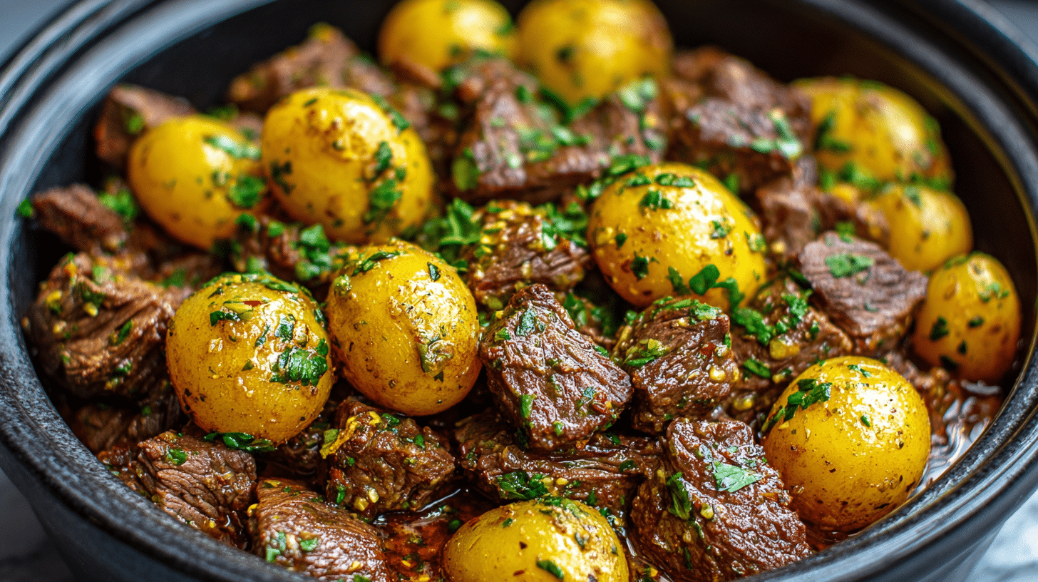 Slow Cooker Garlic Butter Beef Bites & Potatoes Recipe
