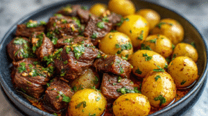 Introduction There’s something truly magical about a Slow Cooker Garlic Butter Beef Bites & Potatoes Recipe — the aroma of slow-simmered beef soaking up rich garlic butter flavors is pure dinner bliss. This heartwarming comfort meal transforms simple ingredients into a tender, juicy masterpiece with almost no effort. Imagine coming home to buttery steak bites and perfectly cooked potatoes ready to serve — a recipe that feeds the soul and fills the home with warmth. In this article, we’ll uncover the secrets behind making this Crockpot Garlic Butter Steak Bites with Potatoes, explore smart cooking science, and share expert tips to make your beef extra tender, your garlic butter perfectly balanced, and your potatoes buttery soft. Whether you’re a busy home cook or just love cozy one-pot meals, this Garlic Butter Beef Tips & Potatoes (Crockpot Style) is guaranteed to become your new favorite slow-cooked dinner. Why You’ll Love This Recipe Effortless Gourmet Flavor – With just a few ingredients, this meal delivers restaurant-level taste with homemade comfort. Perfectly Tender Beef – The slow cooker breaks down tough cuts into buttery bites. Garlic Butter Heaven – Every morsel is coated in a rich, aromatic garlic butter sauce that enhances the natural flavor of beef. Complete One-Pot Dinner – Meat and potatoes cook together, saving time and dishes. Family-Friendly Favorite – Everyone from kids to adults will love its hearty, cozy flavor. Budget-Friendly Meal – Uses affordable stew beef yet tastes like fine dining. Customizable Seasoning – Adjust spice levels and herbs easily for your taste. Make-Ahead Convenience – Set it, forget it, and enjoy a ready-to-serve dinner. Ingredients for Slow Cooker Garlic Butter Beef Bites & Potatoes Recipe Main Ingredients 5 lbs beef stew meat, cut into bite-sized pieces — choose marbled beef like chuck for maximum tenderness. 5 lbs baby potatoes, halved — use red or yellow potatoes for creamy texture. Garlic Butter Mixture 4 tablespoons unsalted butter, melted – creates the base for the rich garlic flavor. 5 cloves garlic, minced – infuses deep savory aroma. 1 teaspoon salt – balances and enhances flavor. ½ teaspoon black pepper – adds a gentle kick. 1 teaspoon smoked paprika – brings smoky depth and color. 1 teaspoon onion powder – adds mild sweetness. 1 teaspoon dried thyme – gives an earthy herbal note. ½ teaspoon crushed red pepper flakes (optional) – for a subtle heat. Liquid Ingredients 1 cup beef broth – keeps meat moist and enhances umami flavor. 1 tablespoon soy sauce – adds richness and depth to the sauce. Garnish 2 tablespoons fresh parsley, chopped – for color and a burst of freshness. Step-by-Step Instructions 1. Prep the Ingredients Place the beef stew meat and halved baby potatoes into the slow cooker. Distribute them evenly to ensure consistent cooking. 2. Make the Garlic Butter Mixture In a small bowl, whisk together melted butter, minced garlic, salt, pepper, paprika, onion powder, thyme, and optional red pepper flakes. Science Tip: Garlic compounds infuse better in fat, meaning butter acts as a perfect flavor carrier. 3. Add Broth and Soy Sauce In another bowl, mix beef broth and soy sauce. Pour over the meat and potatoes to keep everything juicy while developing a savory umami flavor. 4. Cook the Dish Cover and cook on LOW for 6–8 hours or HIGH for 3–4 hours, until beef is fork-tender and potatoes are creamy soft. Sensory Cue: The beef should break apart easily, and potatoes should be golden and buttery when stirred. 5. Garnish and Serve Sprinkle chopped parsley before serving. It adds freshness, color, and a light herbal lift to balance the rich garlic butter. Pro Tips & Expert Answers How do I make the beef bites extra tender? Use beef chuck or stew meat with marbling and cook on low for at least 6 hours. The collagen melts slowly, giving that melt-in-your-mouth texture. Can I sear the beef before slow cooking? Absolutely! Browning the beef in a skillet with a touch of butter adds a caramelized crust that boosts flavor depth. What can I use instead of soy sauce? Replace with Worcestershire sauce or a dash of balsamic vinegar for similar savory complexity. How do I thicken the sauce? Near the end of cooking, mix 1 tablespoon cornstarch with 2 tablespoons water, add it to the slow cooker, and cook for another 15–20 minutes. Can I add vegetables? Yes! Try carrots, onions, or mushrooms for extra flavor and texture. Featured Image (Insert 1200x630 emotionally engaging image: “Golden beef bites and buttery potatoes in a slow cooker, steam rising, rustic background.”) Best Ways to Serve This Slow Cooker Garlic Butter Beef Bites & Potatoes Recipe pairs beautifully with: Creamy Mashed Potatoes (for extra indulgence) Steamed Green Beans for a healthy touch Crusty Garlic Bread to soak up that buttery sauce Fresh Garden Salad to balance the richness 🔗 Try serving it alongside Garlic Butter Steak Bites and Mashed Potatoes for a full garlic-lover’s feast. Nutrition Information (Per Serving) Nutrient Amount % Daily Value Calories 520 26% Protein 45g 90% Fat 28g 36% Carbohydrates 25g 8% Fiber 3g 12% Sodium 780mg 34% Sugar 2g 3% Values are approximate and vary based on ingredient brands. Storage & Leftovers Refrigerator: Store in an airtight container for up to 4 days. Freezer: Freeze portions for up to 3 months; thaw overnight in the fridge before reheating. Reheating Tip: Warm in a covered skillet with a splash of beef broth to keep it juicy. Avoid microwaving too long to prevent drying out. FAQs Can I use frozen beef for this recipe? You can, but thaw it completely first to ensure even cooking and food safety. Is this recipe gluten-free? Yes — as long as you use gluten-free soy sauce or tamari. What’s the best type of potato to use? Baby Yukon Gold or red potatoes hold their shape and absorb butter beautifully. Can I make it spicy? Add extra red pepper flakes or a drizzle of chili oil for heat lovers. Can I double the recipe? Yes, just make sure your slow cooker is large enough, or cook in batches. Variations Herb Lovers: Add rosemary or Italian seasoning for a fragrant twist. Creamy Version: Stir in a splash of heavy cream at the end for a richer sauce. Low-Carb Option: Swap potatoes for cauliflower florets. Tex-Mex Style: Add chili powder, cumin, and lime juice for a bold flavor. Holiday Special: Add pearl onions and a touch of red wine for a festive finish. Conclusion & Social CTA Every bite of this Slow Cooker Garlic Butter Beef Bites & Potatoes Recipe delivers buttery comfort and bold garlic flavor that wraps you in warmth. It’s the perfect dish for busy weeknights, cozy weekends, or when you want to impress without stress.