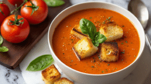 Tomato Basil Soup with Grilled Cheese Croutons