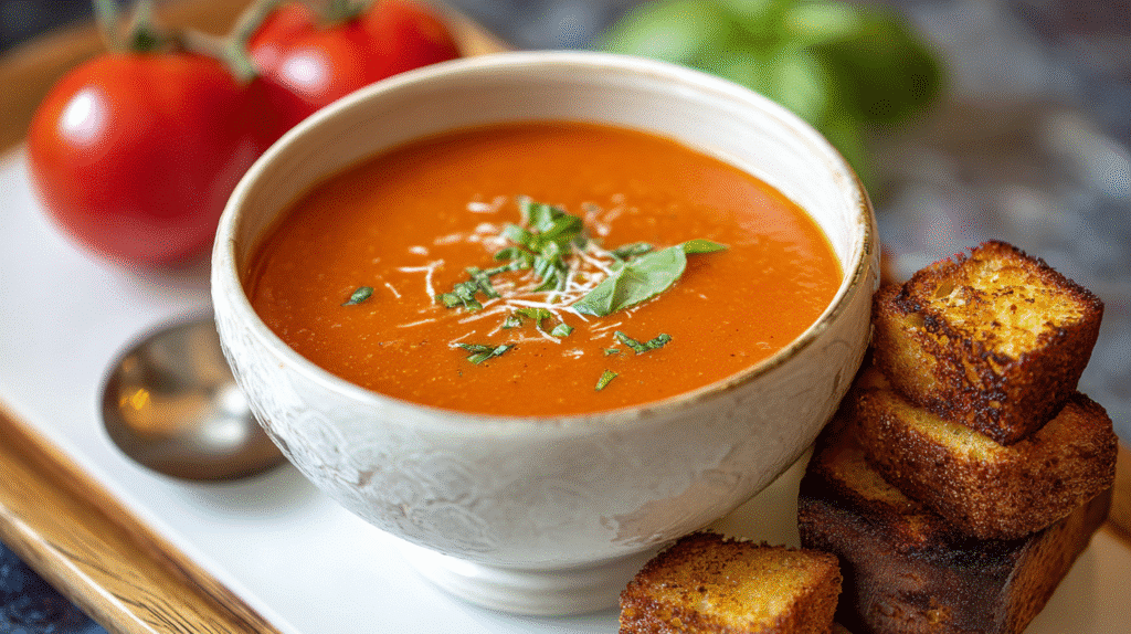 Tomato Basil Soup with Grilled Cheese Croutons