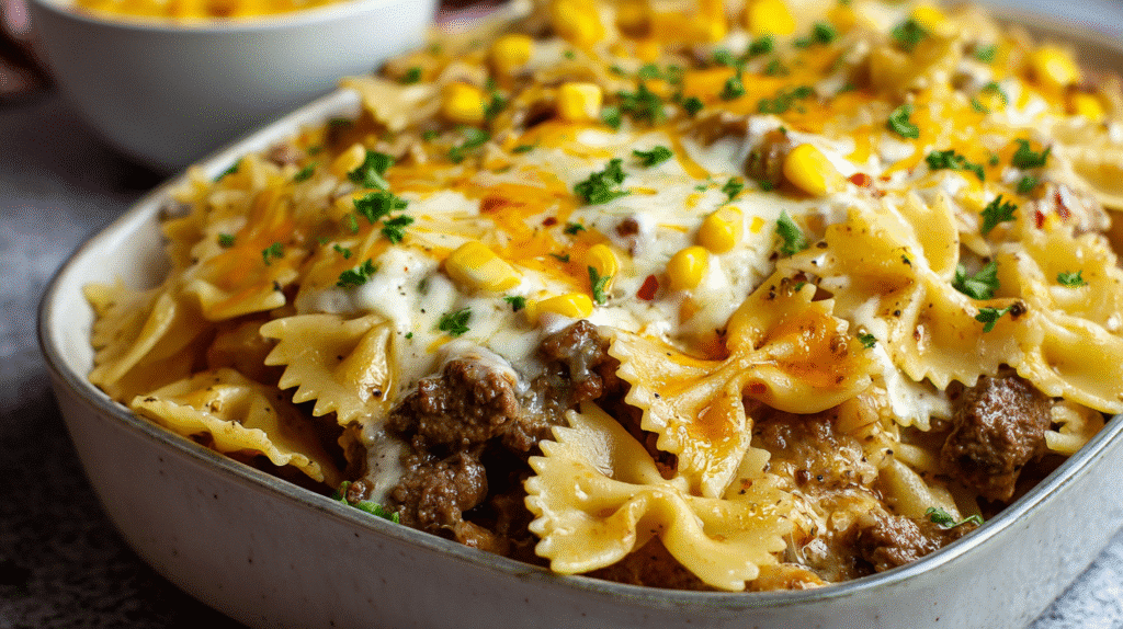 garlic-butter-ranch-beef-roasted-corn-bowtie-casserole