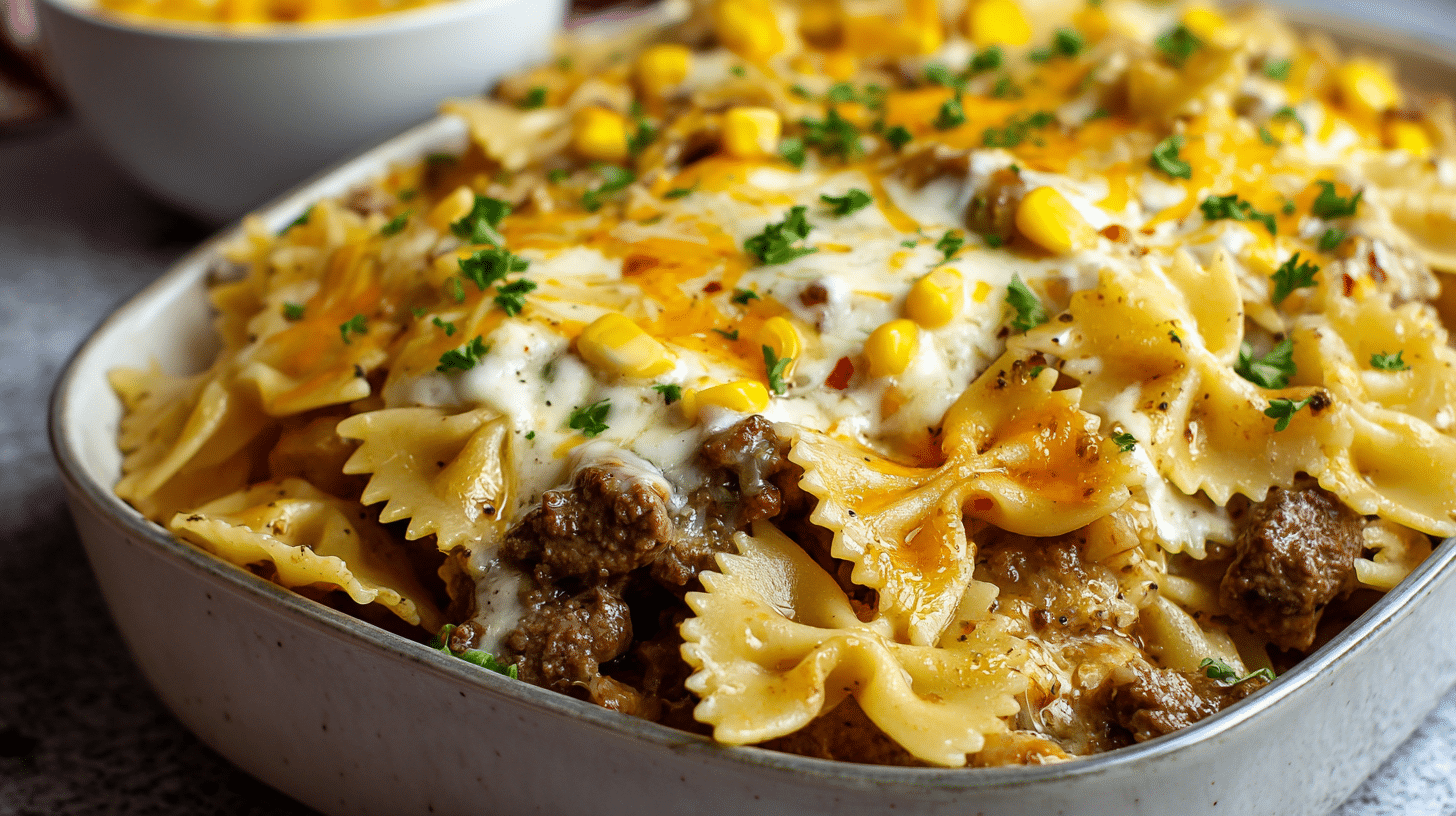 garlic-butter-ranch-beef-roasted-corn-bowtie-casserole