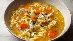 Nothing warms the soul like a steaming bowl of Classic Chicken Noodle Soup Recipe. From the tender chicken to the perfectly cooked egg noodles and aromatic vegetables, this homemade soup brings comfort and nostalgia with every spoonful. Whether you're fighting a cold, hosting a family dinner, or just craving a hearty meal, this Traditional Chicken Noodle Soup offers an irresistible balance of flavors and textures that everyone loves.

Why You'll Love This Classic Chicken Noodle Soup Recipe

Heartwarming Flavor: Tender chicken, savory broth, and fresh vegetables create a comforting taste that feels like a warm hug.

Quick & Easy to Make: Ready in under an hour with simple ingredients you probably already have.

Healthy & Nourishing: Packed with protein, vitamins, and minerals to support immunity.

Budget-Friendly: Uses affordable pantry staples and leftover chicken options.

Customizable: Swap vegetables, noodles, or herbs to suit your family’s taste.

Perfect for All Seasons: Ideal for cold winter days or as a light, soothing meal anytime.

Kid-Friendly: Gentle flavors and soft textures make it perfect for picky eaters.

Homemade Satisfaction: Nothing beats the aroma and taste of soup made from scratch.

Ingredients for the Best Classic Chicken Noodle Soup Recipe
Chicken & Broth

1 lb boneless, skinless chicken breasts or thighs, cut into bite-sized pieces

8 cups chicken broth (homemade or store-bought for convenience)

2 cups water (optional for lighter broth)

Vegetables

1 large onion, diced

2 carrots, peeled and diced

2 stalks celery, diced

2 cloves garlic, minced

Others

1 cup uncooked egg noodles

2 tablespoons fresh parsley, chopped

1 teaspoon dried thyme (or 2 tsp fresh thyme)

Salt and pepper, to taste

Tips & Substitutions:

Use bone-in chicken for richer flavor; remove bones before serving.

Swap egg noodles with rice noodles or whole wheat pasta for variation.

Add parsnips or leeks for extra depth.

Use low-sodium broth to control salt levels.

How to Make Classic Chicken Noodle Soup Recipe
Step 1: Prepare the Soup Base

In a large pot or Dutch oven, heat 1–2 tablespoons of olive oil over medium heat. Add diced onion, carrots, and celery. Stir occasionally until softened, about 5–7 minutes. Add minced garlic and cook for another 1–2 minutes until fragrant. This combination forms the aromatic base that gives the soup its signature comfort flavor.

Step 2: Add Chicken and Broth

Add the bite-sized chicken pieces to the pot, stirring to coat with vegetables. Pour in the chicken broth and water, then sprinkle in dried thyme. Bring the mixture to a boil over high heat, allowing the flavors to marry.

Step 3: Simmer the Soup

Reduce heat to low and simmer gently for 20 minutes. This ensures the chicken is cooked through and the flavors develop fully. You can skim the surface for any foam to keep the broth clear.

Step 4: Add the Noodles

Stir in the uncooked egg noodles and simmer for another 7–8 minutes until tender but slightly firm. This prevents mushy noodles and ensures a perfect texture.

Step 5: Season and Finish

Remove from heat, stir in fresh parsley, and season generously with salt and pepper. Serve hot in bowls, garnished with a sprig of parsley or a squeeze of fresh lemon for added brightness.

Pro Tips for the Perfect Classic Chicken Noodle Soup Recipe
How to Make Soup Extra Flavorful?

Use homemade chicken stock or roast chicken bones beforehand. Add a splash of white wine or a Parmesan rind while simmering for umami depth.

Can I Make This Soup Ahead of Time?

Yes! Prepare the soup base and store it without noodles in the fridge for up to 3 days. Add noodles only when reheating to avoid sogginess.

How to Adjust Noodle Texture?

Cook noodles separately and add just before serving if you plan to store leftovers. This keeps them firm.

Can I Freeze Classic Chicken Noodle Soup?

Absolutely! Freeze in an airtight container without noodles for up to 3 months. Thaw overnight in the fridge and cook noodles fresh.

Best Ways to Serve Your Classic Chicken Noodle Soup Recipe

Pair with Soft Fluffy French Bread for dipping

Serve alongside Caprese Skewers for a light appetizer

Add a side of Garlic Parmesan Chicken Pasta for a hearty family meal

Top with grated cheese or crushed crackers for extra indulgence

Nutrition (Per Serving, Approx. 1.5 cups)

Calories: 220

Protein: 20g

Carbohydrates: 18g

Fat: 7g

Fiber: 2g

Sodium: 720mg

Health Note: High protein, low-fat, packed with vitamins from vegetables. Adjust sodium by using low-sodium broth.

Storage & Leftovers

Fridge: Store in airtight containers for up to 3 days.

Freezer: Freeze without noodles for 3 months.

Reheating: Warm gently on stove or microwave, adding water or broth if too thick.

Noodles: Always cook fresh when reheating to maintain texture.

Frequently Asked Questions About Classic Chicken Noodle Soup Recipe
What is the difference between chicken noodle soup and traditional chicken soup?

Chicken noodle soup always includes noodles, while traditional chicken soup may omit them and focus on a richer broth with vegetables.

Can I make this soup vegetarian?

Yes, replace chicken with tofu or chickpeas and use vegetable broth instead of chicken broth.

How long does homemade chicken noodle soup last?

In the fridge: up to 3 days. In the freezer (without noodles): 3 months. Always cook noodles fresh when serving leftovers.

What is the secret to flavorful chicken noodle soup?

Use a combination of aromatics (onion, garlic, celery, carrots), quality chicken broth, and fresh herbs. Simmer gently to extract maximum flavor.

Variations of Classic Chicken Noodle Soup Recipe

Low-Carb Version: Replace noodles with zucchini noodles or shirataki noodles.

Spicy Version: Add red chili flakes or a splash of hot sauce.

Instant Pot Version: Cook all ingredients in the pressure cooker for 15 minutes for quick results.

Regional Flavor: Add ginger, lemongrass, or coconut milk for an Asian twist.

Conclusion & Social CTA

Enjoy the soul-soothing magic of this Classic Chicken Noodle Soup Recipe anytime you need warmth, comfort, and nourishment. Share this recipe with family and friends to spread the love and make mealtime unforgettable.