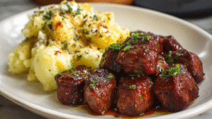 Garlic Butter Steak Bites with Cheesy Smashed Potatoes Recipe