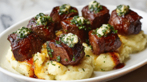 Garlic Butter Steak Bites with Cheesy Smashed Potatoes Recipe