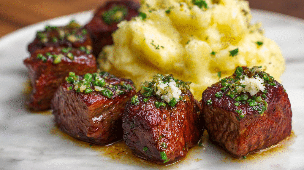 Garlic Butter Steak Bites with Cheesy Smashed Potatoes Recipe