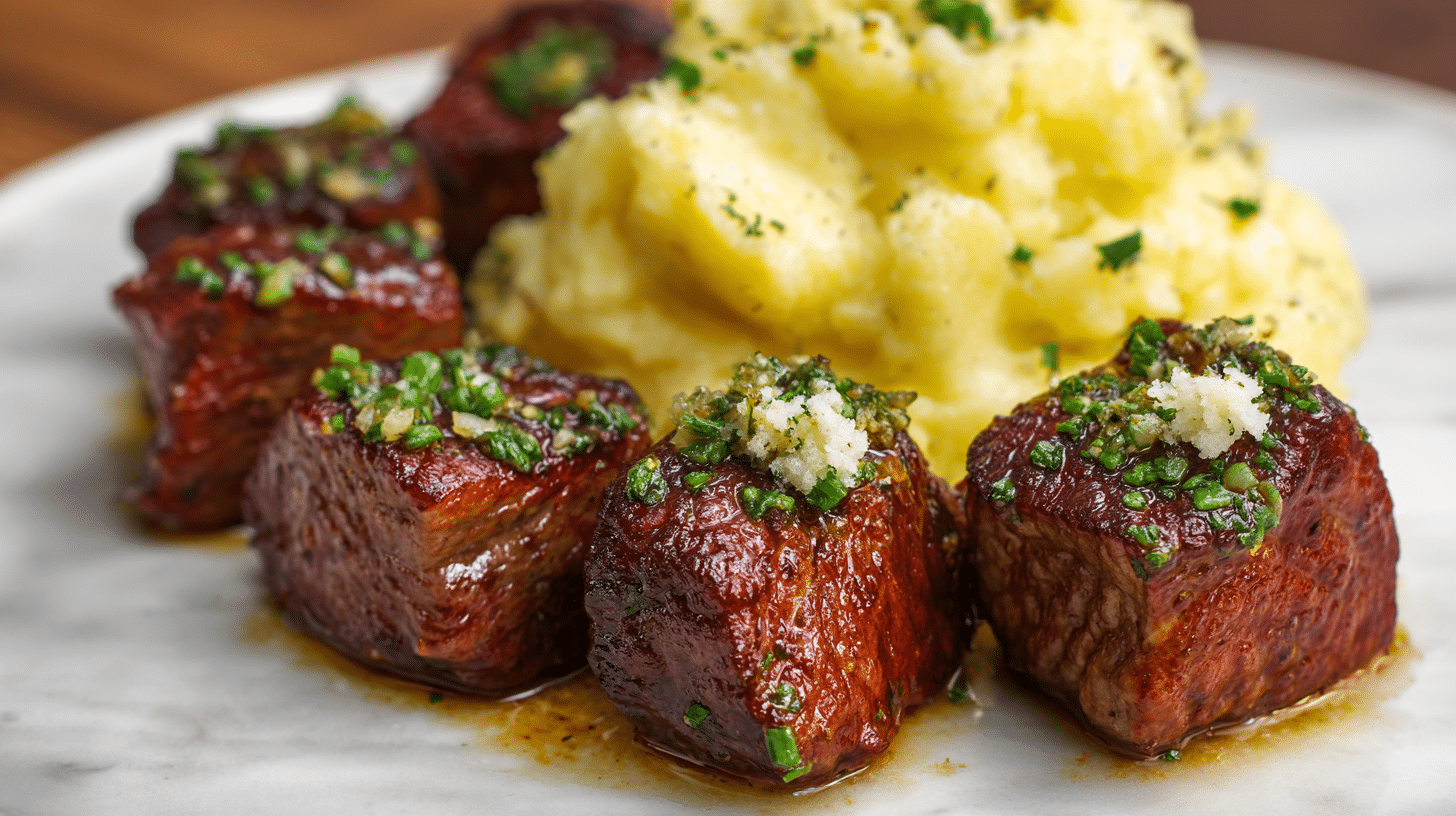 Garlic Butter Steak Bites with Cheesy Smashed Potatoes Recipe