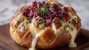 Indulge in the ultimate Garlic Herb Sourdough Bread Stuffed with Brie and Cranberry Sauce Recipe, a cozy and festive treat that brings the perfect combination of warm, cheesy Brie, tangy cranberry sauce, and aromatic garlic herbs together in a golden sourdough loaf. Whether you’re planning a holiday gathering, a dinner party, or just want a show-stopping appetizer, this stuffed sourdough bread promises melt-in-your-mouth richness and bursting flavors that will wow every guest. Imagine slicing into a loaf filled with creamy Brie, punctuated by tart cranberries and the fragrant aroma of garlic, rosemary, and thyme—this is comfort food elevated to gourmet perfection. It’s easy to assemble, yet it makes a visually stunning centerpiece for any table. Why You'll Love This Recipe Ultimate Flavor Combo: Creamy Brie meets sweet-tart cranberries and aromatic garlic herbs. Festive & Crowd-Pleasing: Perfect for holidays, brunches, or dinner parties. Easy Assembly: Requires minimal prep with maximum visual impact. Customizable: Add walnuts, pecans, or swap herbs to suit your taste. Fresh & Homemade: Avoid store-bought fillers; make it from scratch. Perfect for Gifting: Serve as a warm, edible gift for neighbors or friends. No Baking Expertise Needed: Even beginner bakers can achieve a golden, cheesy pull-apart loaf. Ingredients
Bread and Cheese 1 large round sourdough loaf 8 oz Brie cheese, cut into slices 1/2 cup cranberry sauce (homemade or store-bought) Garlic Herb Butter 3 tbsp unsalted butter, melted 2 cloves garlic, minced 1 tbsp fresh rosemary, finely chopped 1 tbsp fresh thyme, finely chopped Salt and pepper to taste Garnish Fresh parsley (optional, for color and freshness) Ingredient Tips & Substitutions: For a vegan option, use plant-based Brie and vegan butter. Homemade cranberry sauce adds a fresher, tangier flavor than store-bought. Ensure sourdough loaf has a sturdy crust to hold the filling. Instructions
1. Preheat the Oven Set your oven to 375°F (190°C) to ensure even baking. Preheating is key for the bread to crisp without drying the Brie. 2. Prepare the Bread Slice off the top of the sourdough loaf to create a lid. Hollow out most of the interior, leaving a 1-inch border to hold the filling. This allows the cheese to melt evenly without spilling. 3. Make the Garlic Herb Butter Combine melted butter, minced garlic, rosemary, thyme, salt, and pepper in a small bowl. Mix thoroughly. The herbs and garlic infuse the loaf with aromatic richness that complements the creamy Brie. 4. Assemble the Stuffing Brush the interior of the hollowed loaf with half the garlic herb butter. Layer Brie slices, then spoon cranberry sauce over the cheese. Repeat layering until the loaf is filled. This ensures every bite has balanced flavors. 5. Cover and Bake Place the bread top back on and brush with remaining garlic herb butter. Wrap the loaf tightly in foil and bake for 20–25 minutes until the Brie is melted and the crust is golden. Unwrap carefully and let cool slightly before slicing. Pro Tip: For an extra-crispy crust, unwrap the foil for the last 5 minutes of baking. Pro Tips + PAA Questions
How Do You Keep the Bread From Getting Soggy? Hollow the loaf carefully and leave a 1-inch border. Avoid overfilling with cranberry sauce. Bake wrapped in foil to trap moisture initially, then unwrap for crisping. Can I Prepare This Ahead of Time? Yes, assemble the loaf up to 12 hours in advance. Keep it refrigerated, then bake just before serving. Can I Add Nuts or Other Fillings? Absolutely! Chopped walnuts or pecans add crunch. For a sweet-savory twist, add a drizzle of honey over the Brie before baking. Best Ways to Serve Holiday Table Centerpiece: Serve as a warm appetizer for Christmas or Thanksgiving. Brunch Treat: Pair with a fresh salad or roasted vegetables. Cheese Board Upgrade: Add slices alongside charcuterie, fruits, and crackers. Related Recipes: Easy No-Bake Pumpkin Cheesecake Balls French Onion Chicken Orzo Casserole Nutrition (per serving, approx.) Calories: 310 Fat: 18g Saturated Fat: 9g Carbohydrates: 28g Fiber: 2g Protein: 9g Sodium: 420mg Values may vary based on bread type and cranberry sauce. Storage & Leftovers Refrigerator: Store in an airtight container for up to 3 days. Freezer: Wrap tightly and freeze for up to 1 month; thaw overnight in the fridge. Reheating Tips: Reheat in the oven at 350°F (175°C) for 10–15 minutes to maintain crispness. Avoid microwaving to prevent soggy bread. FAQs Can I use another type of bread?
Yes, a crusty boule or ciabatta works, but sourdough adds flavor depth. Is this recipe suitable for vegans?
Yes, substitute Brie with a plant-based cheese and butter with vegan butter. How do I make homemade cranberry sauce?
Simmer 1 cup fresh cranberries, 1/2 cup sugar, and 1/4 cup water for 10 minutes until thickened. What herbs work best with garlic in this recipe?
Rosemary, thyme, and parsley complement the cheese without overpowering it. Variations Cheese Options: Gruyère, Camembert, or goat cheese instead of Brie. Herb Twist: Add sage or oregano for a different aromatic profile. Sweet & Savory: Drizzle honey or balsamic glaze over the baked loaf. Mini Loaves: Make individual servings using small sourdough rounds. Conclusion & Social CTA Elevate your holiday gatherings or cozy nights with this Garlic Herb Sourdough Bread Stuffed with Brie and Cranberry Sauce Recipe. Each bite delivers a perfect balance of creamy, tangy, and herbaceous flavors, making it a guaranteed crowd-pleaser.