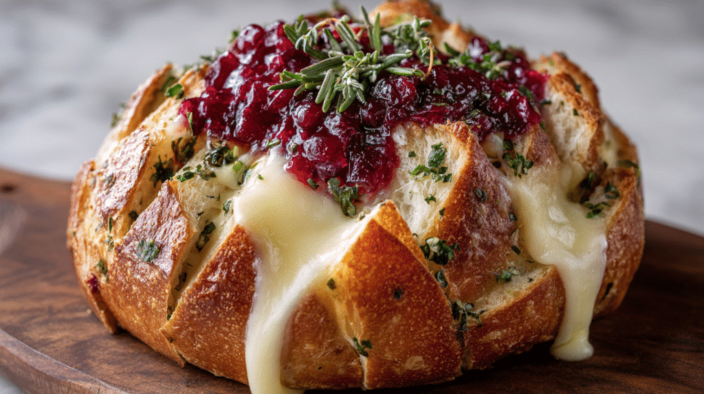 Garlic Herb Sourdough Bread Stuffed with Brie and Cranberry Sauce Recipe