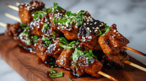 Introduction Honey Garlic Asian Chicken Kabobs Recipe brings together the ultimate combination of sweet, savory, and smoky flavors in every juicy bite. Imagine tender pieces of chicken infused with sticky honey garlic glaze and charred perfectly over the grill — the kind of flavor that instantly transforms an ordinary dinner into something truly unforgettable. Whether you’re planning a weekend BBQ, an easy weeknight dinner, or a flavorful meal-prep option, this Asian Honey Garlic Chicken Kabobs recipe delivers bold taste with minimal effort. With a simple marinade of soy sauce, honey, and garlic, you’ll achieve that mouthwatering balance of umami and sweetness that keeps everyone coming back for seconds. Get ready to fire up your grill — these grilled honey garlic chicken kabobs are about to become your new favorite go-to recipe! Why You’ll Love This Recipe 🌟 Incredible Flavor Fusion: A perfect balance of sweet honey, garlic, soy, and sesame for an unforgettable Asian-style marinade. 🍗 Juicy and Tender Chicken: The marinade keeps every piece moist while caramelizing beautifully on the grill. ⏱ Quick & Easy: Minimal prep time and just 10 minutes on the grill. 🍢 Perfect for Entertaining: Impressive presentation and irresistible aroma for BBQs or family dinners. 🧄 Simple Ingredients, Big Flavor: Everyday pantry staples create restaurant-quality taste. 🥢 Versatile & Customizable: Works with veggies, pineapple, or even shrimp. 🔥 Healthy Grilling Option: High protein, low fat, and packed with real ingredients. 💡 Meal-Prep Friendly: Marinates ahead and reheats beautifully. Ingredients
For the Marinade & Chicken 1.5 lbs boneless, skinless chicken breasts, cut into cubes ¼ cup soy sauce – adds deep umami flavor ¼ cup honey – for sweetness and caramelization 2 cloves garlic, minced – the star aroma component 1 tbsp sesame oil – enhances the nutty Asian taste ½ tsp ground ginger – adds warmth and balance Salt and pepper, to taste Wooden or metal skewers Substitution Tips: Replace chicken breasts with chicken thighs for juicier kabobs. Add pineapple chunks or bell peppers between chicken cubes for extra texture. Substitute tamari or coconut aminos for a gluten-free option. Step-by-Step Instructions
1. Prepare the Marinade In a medium bowl, whisk together soy sauce, honey, minced garlic, sesame oil, ground ginger, salt, and pepper. This combination forms a balanced sweet and savory glaze that caramelizes beautifully during grilling. 2. Marinate the Chicken Add chicken cubes to the bowl, tossing to coat evenly. Cover and refrigerate for at least 1 hour (or up to 6 hours for deeper flavor).
💡 Food Science Tip: The acids and enzymes in soy and honey help tenderize the chicken while locking in flavor. 3. Prepare the Skewers If using wooden skewers, soak them in water for 30 minutes to prevent burning. This small step ensures even cooking and clean presentation. 4. Assemble the Kabobs Thread the marinated chicken pieces onto skewers, leaving a bit of space between each piece. You can alternate with vegetables for a colorful look. 5. Grill the Kabobs Preheat your grill to medium-high heat (about 400°F / 200°C).
Grill the kabobs for 8–10 minutes, turning occasionally, until golden and slightly charred. The internal temperature should reach 165°F (74°C). 6. Rest and Serve Let the kabobs rest for 3 minutes before serving to allow juices to redistribute. Garnish with toasted sesame seeds or chopped green onions for a professional touch. Pro Tips
🔹 How long should I marinate chicken for kabobs? Ideally, 1–2 hours gives the best balance of tenderness and flavor. Avoid overnight marinating in acidic sauces to prevent mushiness. 🔹 How do I know when the chicken is done? Use a meat thermometer — the safe temperature for chicken is 165°F. The surface should look caramelized with a light glaze. 🔹 Can I bake these kabobs instead of grilling? Absolutely! Bake on a lined tray at 425°F (220°C) for about 20 minutes, flipping halfway through. Broil for 2–3 minutes to add that grilled char effect. Best Ways to Serve Pair your Honey Garlic Asian Chicken Kabobs Recipe with: Steamed jasmine rice or fried rice Asian cucumber salad for freshness Garlic butter noodles or quinoa bowls Grilled veggies like zucchini or mushrooms 👉 Try linking to your related dishes like Garlic Butter Steak Bites and Mashed Potatoes
for extra flavor inspiration! Nutrition Facts (per serving)
Nutrient Amount % Daily Value
Calories 275 kcal 14%
Protein 32g 64%
Carbohydrates 12g 4%
Fat 10g 15%
Sugars 10g —
Sodium 550mg 23%
Storage & Leftovers Refrigerate: Store cooled kabobs in an airtight container for up to 3 days. Freeze: Place cooked kabobs in freezer bags (without veggies) for up to 2 months. Reheat: Warm in a skillet or microwave until heated through; brush with leftover sauce for added moisture. 💡 Pro Tip: Keep the extra marinade (uncooked portion) and simmer it to use as a glaze or dipping sauce. FAQs
❓ Can I make this recipe ahead of time? Yes! Marinate the chicken the night before and refrigerate. Thread and grill right before serving for the freshest flavor. ❓ Can I use a grill pan instead of an outdoor grill? Definitely. A cast-iron grill pan or air fryer works beautifully for this recipe. ❓ What other meats work with this marinade? Try shrimp, pork tenderloin, or beef sirloin—the sweet honey garlic base adapts perfectly. Recipe Variations Spicy Honey Garlic Kabobs: Add chili flakes or sriracha to the marinade. Teriyaki-Style Kabobs: Mix in a splash of mirin or rice vinegar for extra tang. Vegetarian Option: Substitute tofu or mushrooms and follow the same marinade method. Honey Soy Pineapple Kabobs: Alternate chicken with pineapple chunks for a tropical twist. Conclusion This Honey Garlic Asian Chicken Kabobs Recipe is more than just a meal — it’s a celebration of texture, aroma, and flavor that turns simple ingredients into an unforgettable dining experience. Whether you grill them for a weekend gathering or prepare them for weekday lunches, each skewer is loaded with sticky-sweet glaze and bold Asian flair that satisfies every craving.