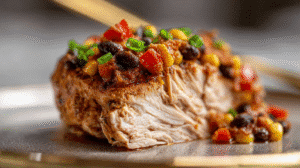 If you’ve been searching for a bold and zesty meal bursting with Southwest flair, this Santa Fe Chicken Recipe delivers the perfect combination of tender chicken, creamy cheese, and hearty beans. Inspired by classic Southwestern chicken recipes, it’s a one-pan dinner layered with smoky spices, sweet corn, and melty cheese — everything you love about Tex-Mex Santa Fe chicken flavors in one easy skillet meal. This dish isn’t just delicious; it’s quick, wholesome, and customizable for any busy weeknight. Whether you’re craving a Santa Fe chicken casserole, a grilled Santa Fe chicken, or a creamy Santa Fe chicken breast recipe, this version brings all those comforting tastes together in under 30 minutes. 🌟 Why You’ll Love This Santa Fe Chicken Recipe One-Pan Wonder – Minimal cleanup and maximum flavor. Southwest Flavor Explosion – Chili, paprika, and garlic create a smoky, spicy base. High-Protein and Filling – A perfect balanced meal with beans and corn. Quick and Easy – Ready in about 30 minutes, ideal for busy weeknights. Customizable Heat – Adjust the spice level to suit your taste. Crowd-Pleasing Cheese Melt – That gooey, fiesta cheese topping makes it irresistible. Family Favorite – Loved by kids and adults alike for its creamy, savory blend. Meal-Prep Friendly – Stores and reheats beautifully for weekday lunches. 🥘 Ingredients for Santa Fe Chicken Recipe
For the Chicken and Seasoning 2 large chicken breasts ½ teaspoon garlic powder ½ teaspoon chili powder ½ teaspoon smoked paprika Salt and pepper, to taste 2 tablespoons olive oil 💡 Pro Tip: Use boneless, skinless chicken breasts or thighs. Thighs stay juicier if you plan to reheat leftovers later. For the Vegetables and Beans ½ medium onion, chopped 1 (10-ounce) can Rotel (diced tomatoes with green chilies), undrained 1 (14-ounce) can black beans, drained and rinsed 1 (12-ounce) can fire-roasted corn, drained Substitutions: Swap Rotel for plain diced tomatoes plus ¼ teaspoon cayenne for heat. Pinto beans work well if black beans aren’t on hand. For the Cheese and Garnish 1 cup fiesta cheese blend (or cheddar + Monterey Jack mix) Fresh cilantro, chopped (optional, for garnish) 🔥 How to Make Santa Fe Chicken Recipe
1. Prepare and Season the Chicken Slice chicken breasts lengthwise to create four thin cutlets. Pat them dry, then rub with garlic powder, chili powder, smoked paprika, salt, and pepper for that signature Southwest chicken flavor. 2. Brown the Chicken In a large skillet, heat olive oil over medium heat. Cook each piece for about 5–7 minutes per side, until golden brown and fully cooked through. Remove and set aside. ✅ Cooking science tip: Browning triggers the Maillard reaction — this gives your Santa Fe style chicken that deep, savory flavor and caramelized crust. 3. Sauté the Onion In the same skillet, add the chopped onion. Cook until translucent, scraping up the browned bits from the pan for extra smoky flavor. 4. Add the Veggies and Beans Pour in Rotel, black beans, and fire-roasted corn. Stir well and let it simmer for 5 minutes, allowing the flavors to meld into a zesty Santa Fe chicken sauce. 5. Return Chicken to the Skillet Place the chicken back on top of the bean-and-corn mixture. Spoon some sauce over each cutlet for maximum flavor absorption. 6. Add the Cheese Sprinkle the fiesta cheese blend evenly over the top. Cover the skillet for 2–3 minutes, just until the cheese melts and becomes perfectly gooey. 7. Serve and Garnish Top with fresh cilantro if desired and serve hot. Each bite is a mix of creamy, spicy, and smoky — a perfect Santa Fe style cheesy chicken dish that satisfies everyone. 💡 Pro Tips for Perfect Santa Fe Chicken
❓Can I bake Santa Fe Chicken instead of using a skillet? Absolutely! Arrange the seasoned chicken and veggie mixture in a baking dish, sprinkle with cheese, and bake at 375°F (190°C) for about 20 minutes until bubbly. This baked Santa Fe chicken variation is perfect for family dinners. ❓What sides go best with Santa Fe Chicken Recipe? Try cilantro lime rice, roasted sweet potatoes, or a fresh avocado salad for a complete Southwestern chicken dinner. ❓Can I make this recipe healthier? Yes — use reduced-fat cheese and skip the oil by grilling your chicken. You’ll still enjoy that spicy Southwest chicken recipe flavor. 🍽️ Best Ways to Serve This Santa Fe Chicken Recipe pairs beautifully with: Warm tortillas or rice bowls Over mashed potatoes for comfort-food style As filling for burritos or wraps On top of nachos for a game-day twist 🔗 Related Recipe: Try linking this to your Roasted Garlic Cowboy Butter or Spicy Mayo Shrimp and Rice Bowls for a cross-linked Tex-Mex collection. 🧾 Nutrition Facts (Per Serving) Calories: 410 Protein: 39g Carbohydrates: 18g Fat: 18g Fiber: 5g Sodium: 710mg Calcium: 160mg Values are approximate and based on a 2,000-calorie diet. 🧊 Storage & Leftovers Refrigerator: Store in an airtight container up to 4 days. Freezer: Freeze portions for up to 2 months. Reheat: Microwave or reheat in a covered skillet with a splash of water to maintain moisture. 💡 Tip: Freeze in individual containers for easy lunch portions throughout the week. ❓ FAQs about Santa Fe Chicken Recipe
How do I make Santa Fe Chicken creamy? Add ¼ cup cream cheese or sour cream after simmering the veggies for a richer, creamier sauce. Can I use frozen chicken breasts? Yes, but thaw them completely before seasoning to ensure even cooking. Is Santa Fe Chicken spicy? It has a mild to medium heat level. Adjust chili powder or Rotel type to control the spice. 🌶️ Recipe Variations Grilled Santa Fe Chicken: Marinate the chicken in olive oil, lime juice, and spices, then grill for a smoky twist. Santa Fe Chicken Casserole: Layer the chicken with the veggie mix and bake with crushed tortilla chips for texture. Healthy Santa Fe Chicken Skillet: Skip cheese and use extra beans and corn for a lighter, fiber-rich version. ❤️ Conclusion Bring the taste of the Southwest right to your dinner table with this Santa Fe Chicken Recipe — a one-pan wonder that blends juicy chicken, melty cheese, and smoky-spiced veggies. Whether you’re craving comfort food or a quick weeknight meal, this Tex-Mex Santa Fe chicken guarantees satisfaction in every bite.