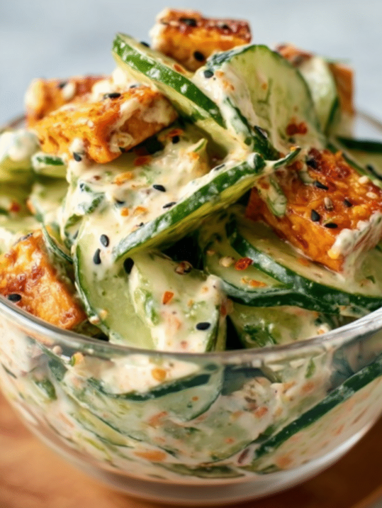 Easy Creamy Asian Cucumber Salad with Crispy Tofu
