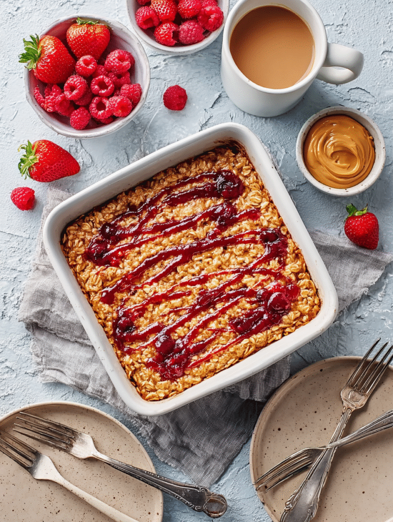 Peanut Butter and Jelly Oatmeal Bake (Healthy Easy Breakfast Recipe)